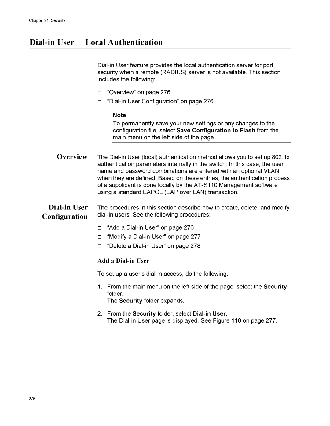 Allied Telesis AT-S110, AT-GS950/10PS manual Dial-in User- Local Authentication, Overview Dial-in User Configuration 