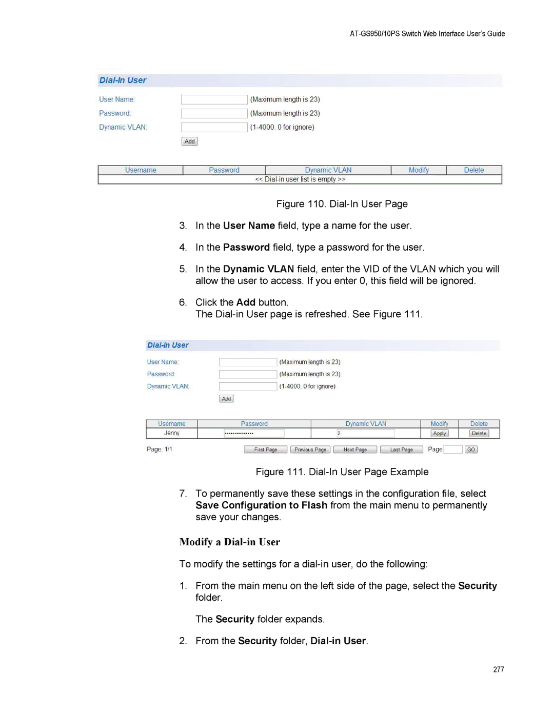 Allied Telesis AT-GS950/10PS, AT-S110 manual Modify a Dial-in User, From the Security folder, Dial-in User 