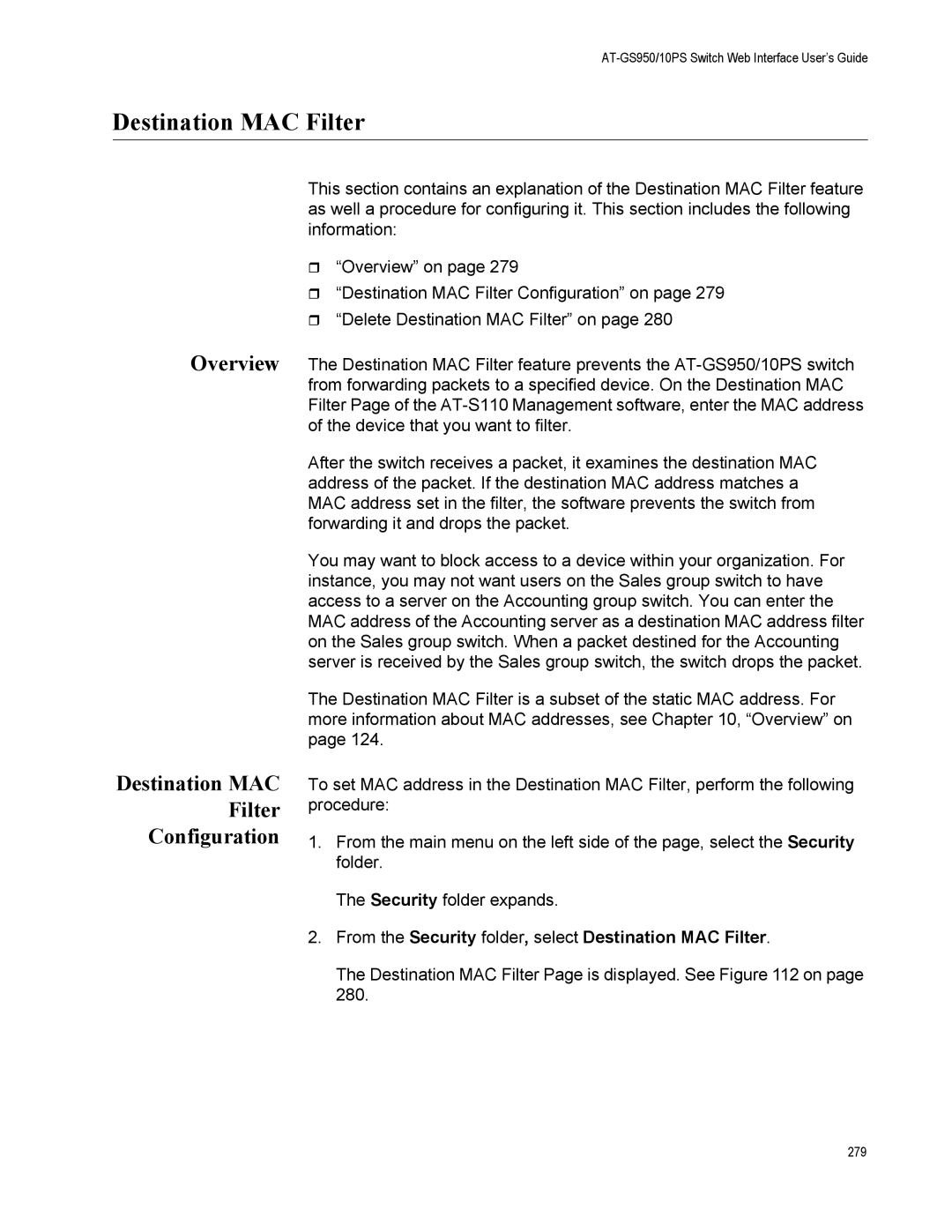 Allied Telesis AT-GS950/10PS, AT-S110 manual Overview Destination MAC Filter Configuration 