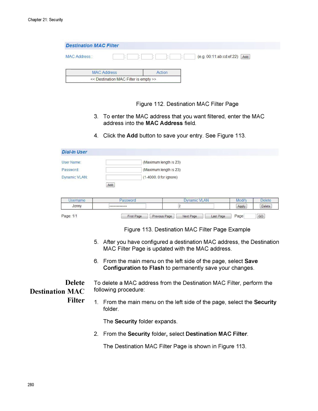 Allied Telesis AT-S110, AT-GS950/10PS manual Delete Destination MAC Filter, Destination MAC Filter Page Example 