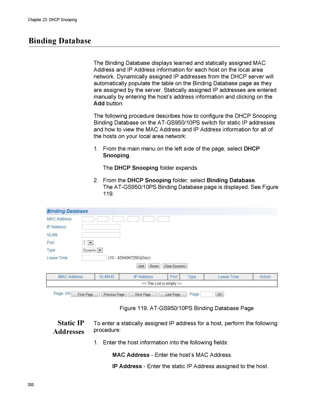 Allied Telesis AT-S110, AT-GS950/10PS manual Static IP Addresses, From the Dhcp Snooping folder, select Binding Database 