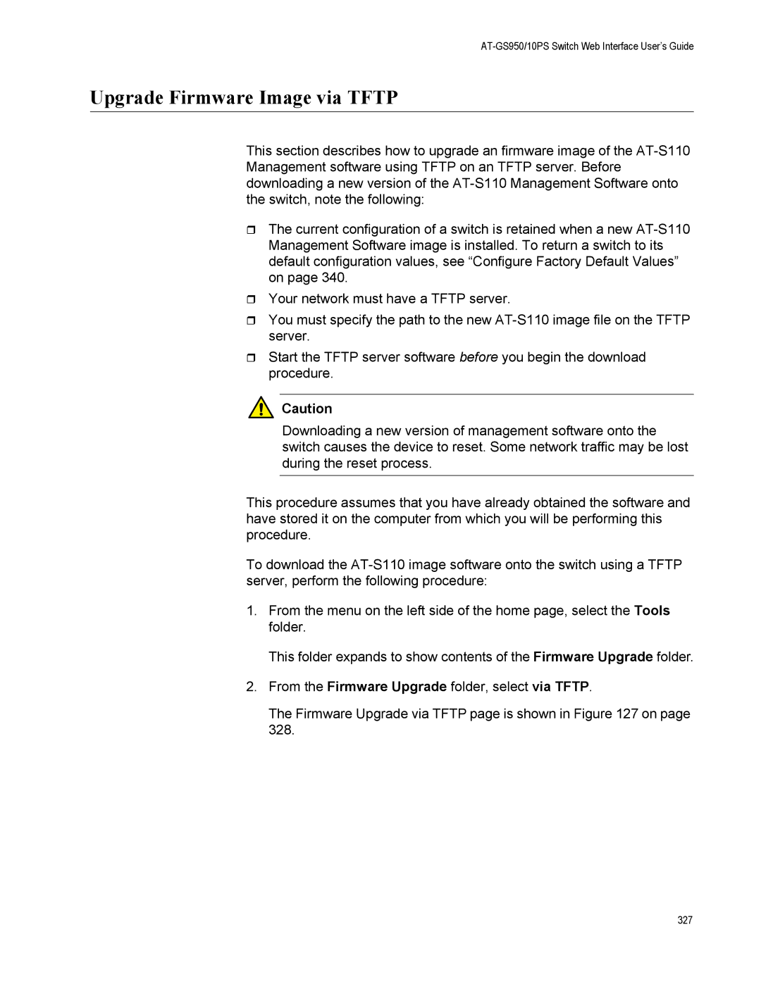 Allied Telesis AT-GS950/10PS, AT-S110 manual Upgrade Firmware Image via Tftp 