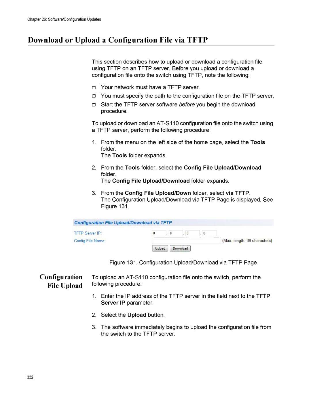 Allied Telesis AT-S110, AT-GS950/10PS manual Download or Upload a Configuration File via Tftp, Configuration File Upload 