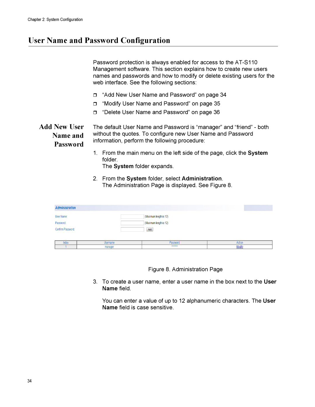 Allied Telesis AT-S110, AT-GS950/10PS manual User Name and Password Configuration, Add New User Name Password 