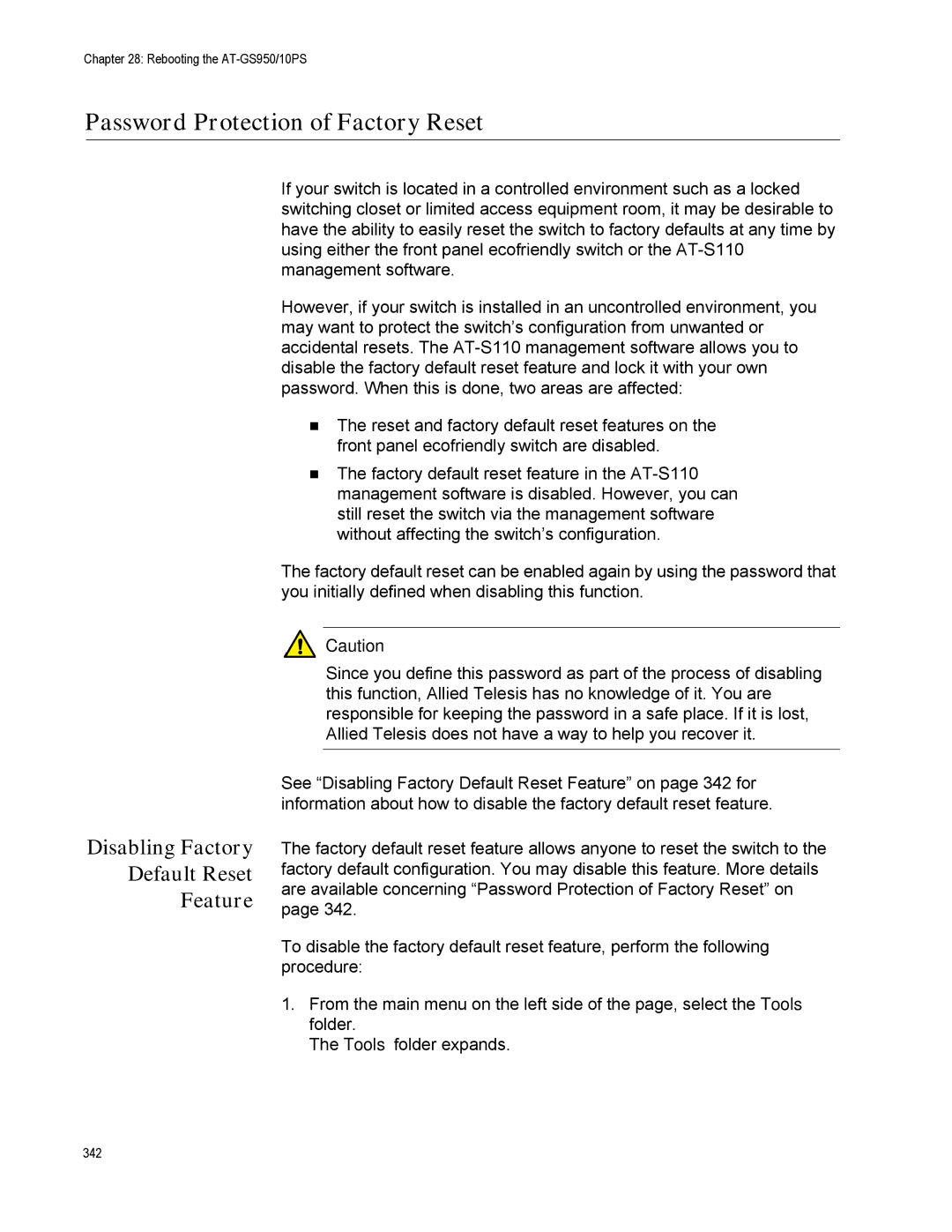 Allied Telesis AT-S110, AT-GS950/10PS manual Password Protection of Factory Reset, Disabling Factory Default Reset Feature 