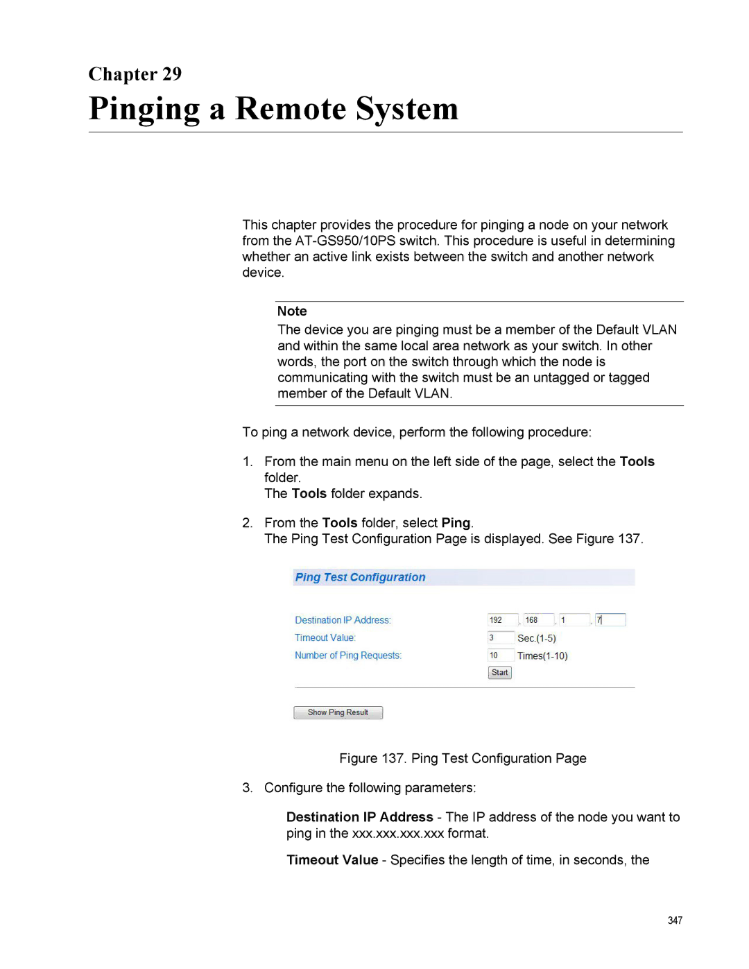 Allied Telesis AT-GS950/10PS, AT-S110 manual Pinging a Remote System, Chapter 