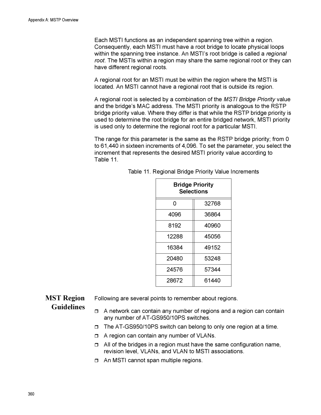 Allied Telesis AT-S110, AT-GS950/10PS manual MST Region Guidelines, Bridge Priority Selections 