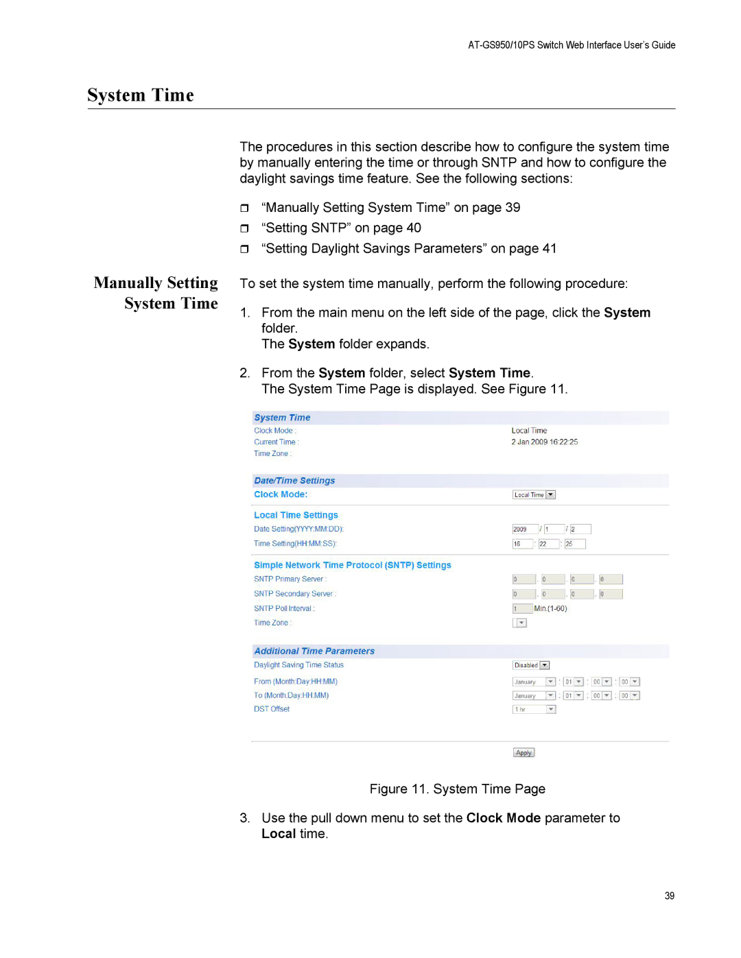 Allied Telesis AT-GS950/10PS, AT-S110 manual Manually Setting System Time 