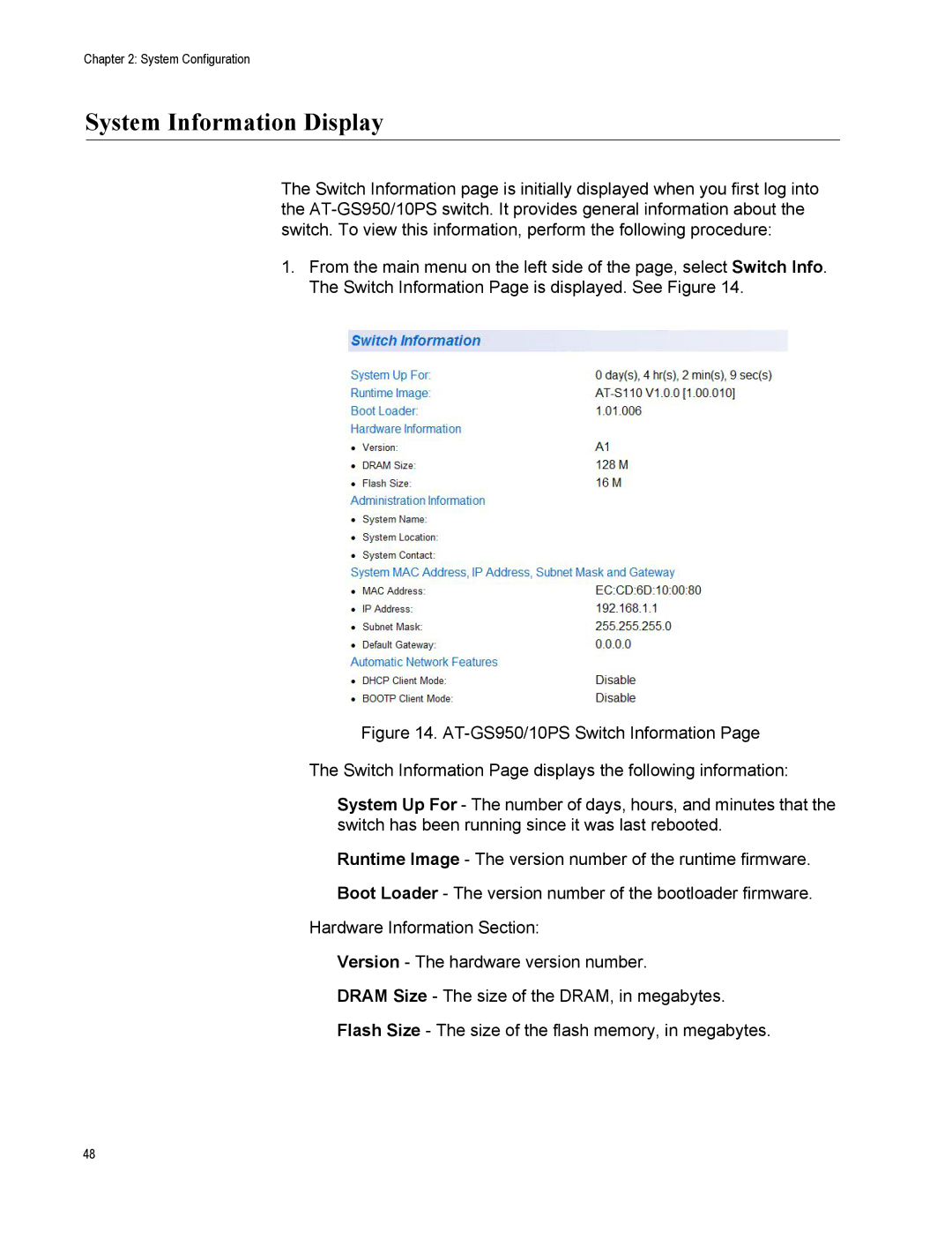 Allied Telesis AT-S110, AT-GS950/10PS manual System Information Display 