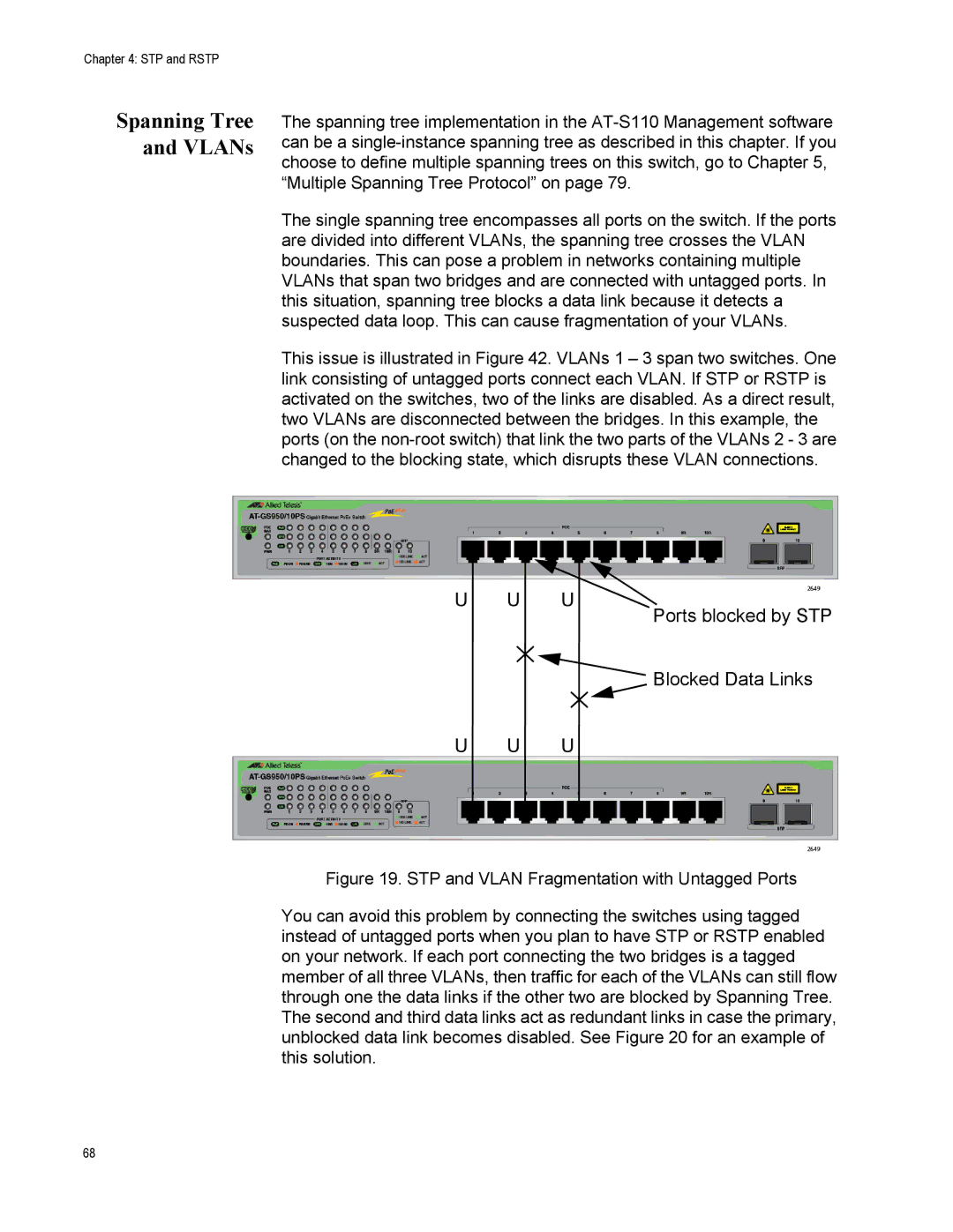 Allied Telesis AT-S110, AT-GS950/10PS manual Spanning Tree and VLANs, Ports blocked by STP Blocked Data Links 