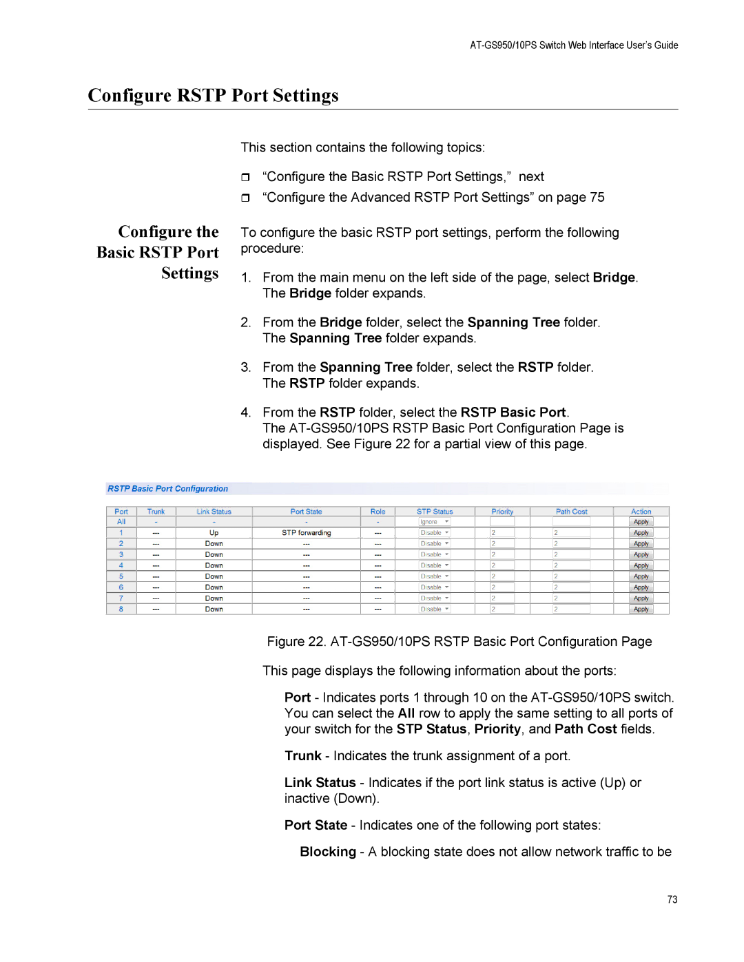 Allied Telesis AT-GS950/10PS, AT-S110 manual Configure Rstp Port Settings, Configure Basic Rstp Port Settings 