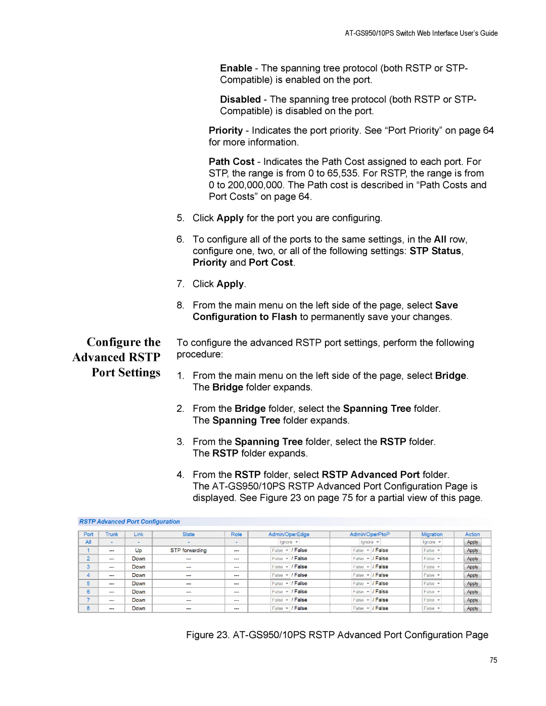 Allied Telesis AT-S110 manual Configure Advanced Rstp Port Settings, AT-GS950/10PS Rstp Advanced Port Configuration 