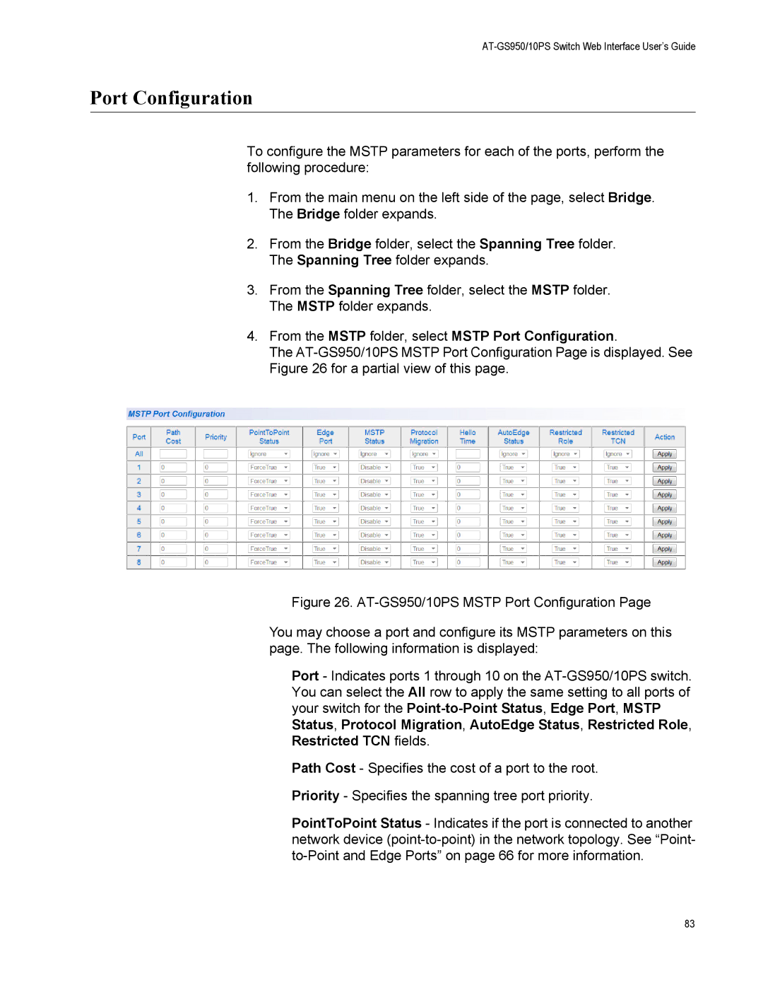 Allied Telesis AT-GS950/10PS, AT-S110 manual From the Mstp folder, select Mstp Port Configuration 