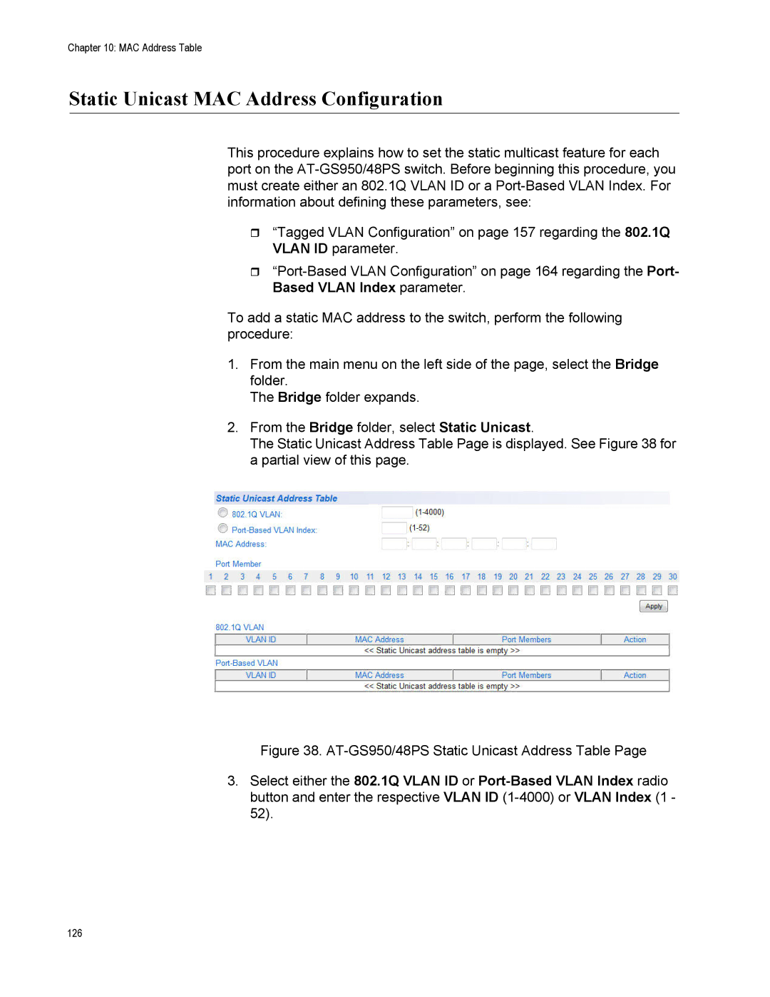 Allied Telesis AT-S111, AT-GS950/48PS manual Static Unicast MAC Address Configuration 