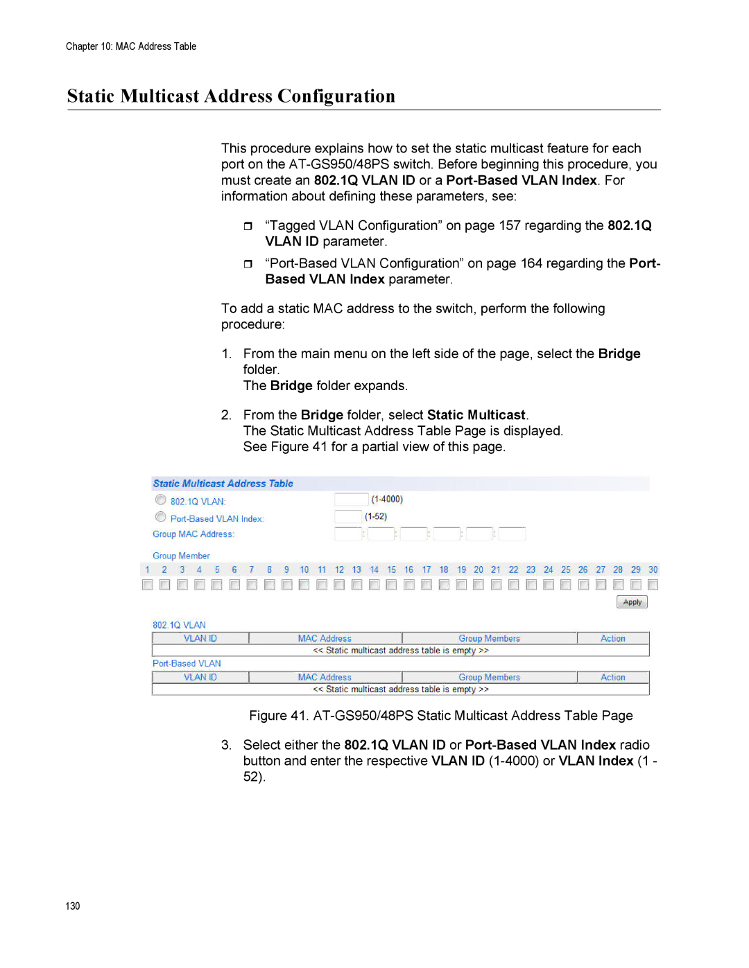 Allied Telesis AT-S111, AT-GS950/48PS manual Static Multicast Address Configuration 