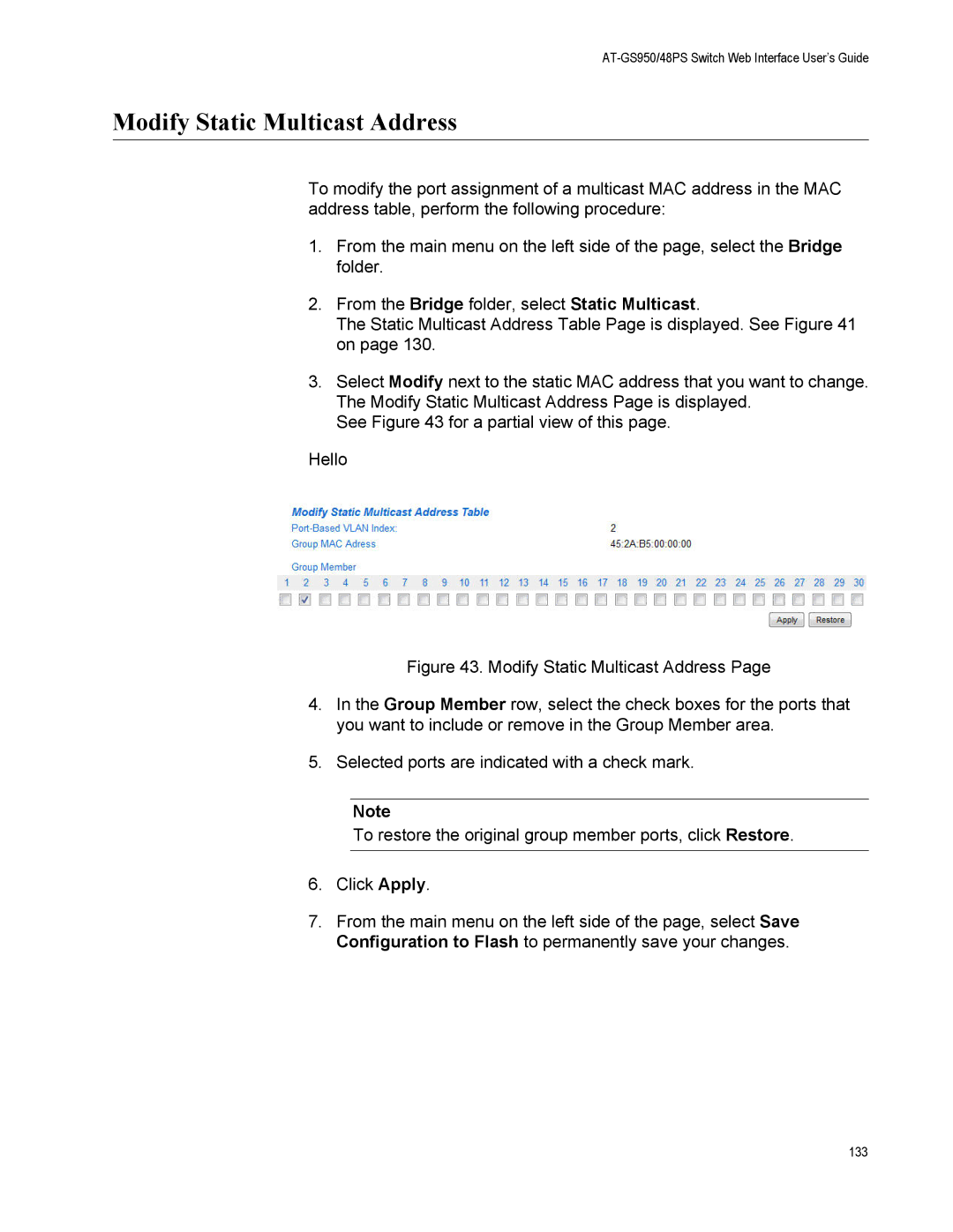 Allied Telesis AT-GS950/48PS, AT-S111 manual Modify Static Multicast Address 