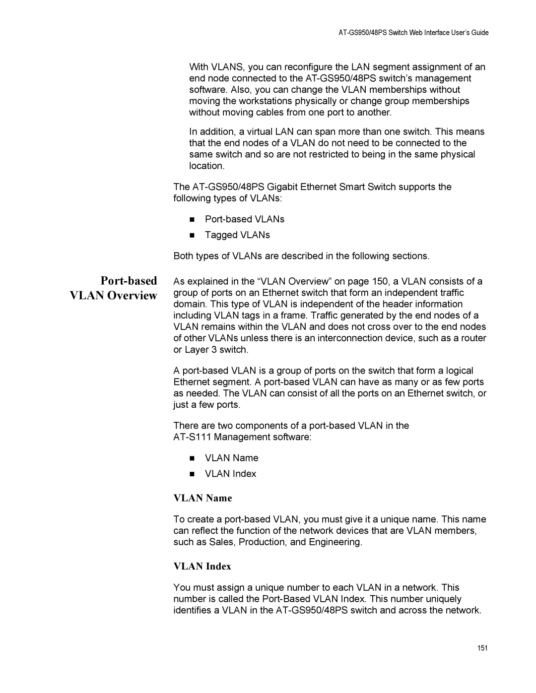 Allied Telesis AT-GS950/48PS, AT-S111 manual Port-based Vlan Overview, Vlan Name 