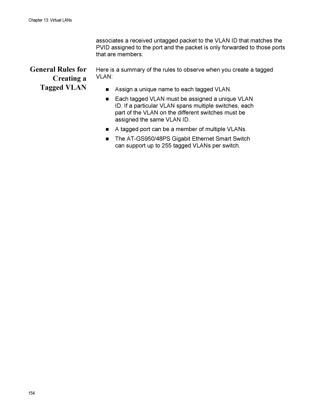 Allied Telesis AT-S111, AT-GS950/48PS manual General Rules for Creating a Tagged Vlan 