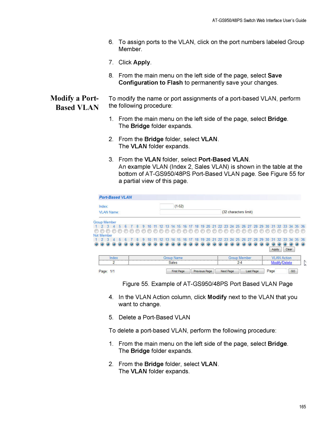 Allied Telesis AT-GS950/48PS, AT-S111 manual Modify a Port- Based Vlan 