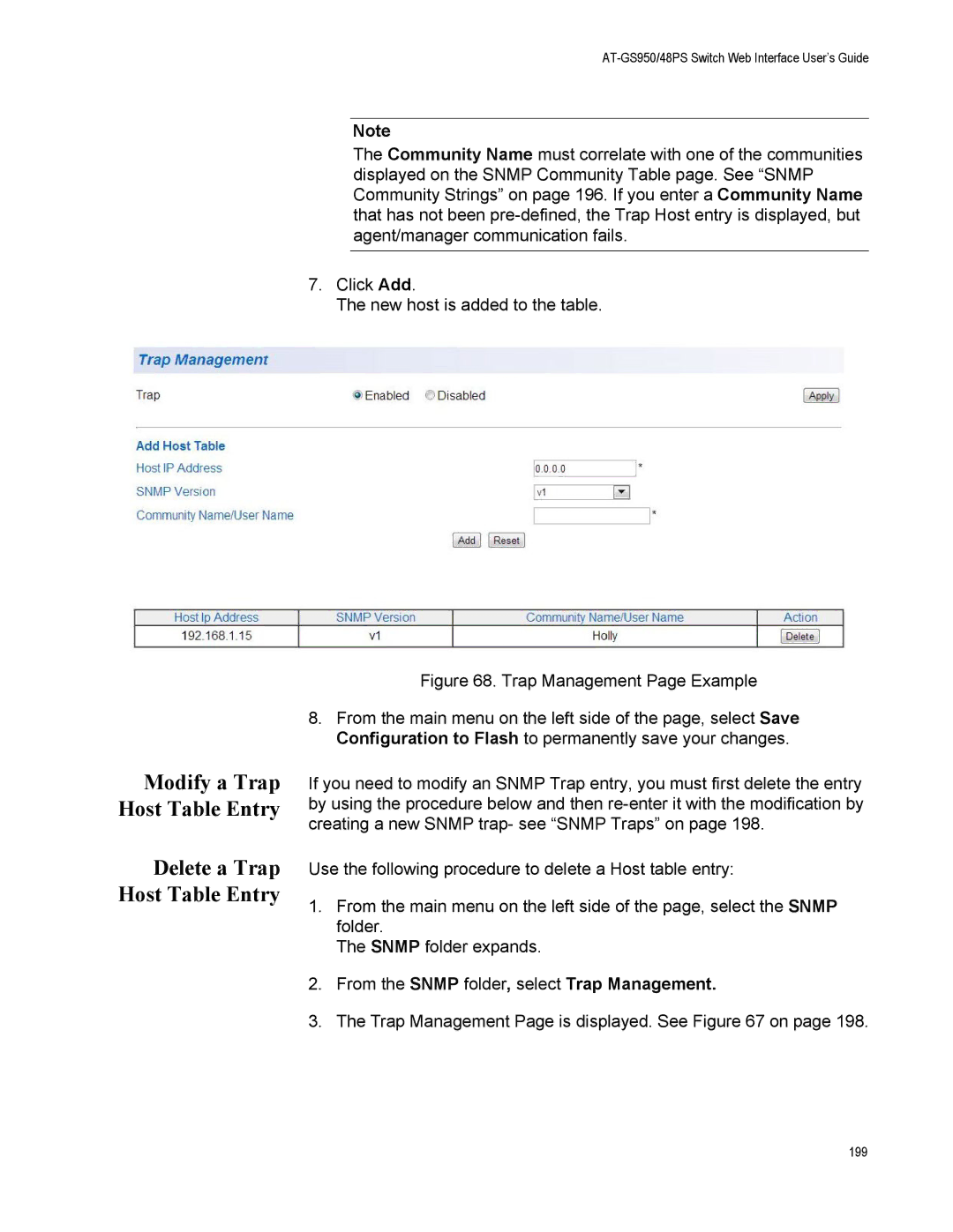 Allied Telesis AT-GS950/48PS, AT-S111 manual Modify a Trap Host Table Entry, Delete a Trap Host Table Entry 