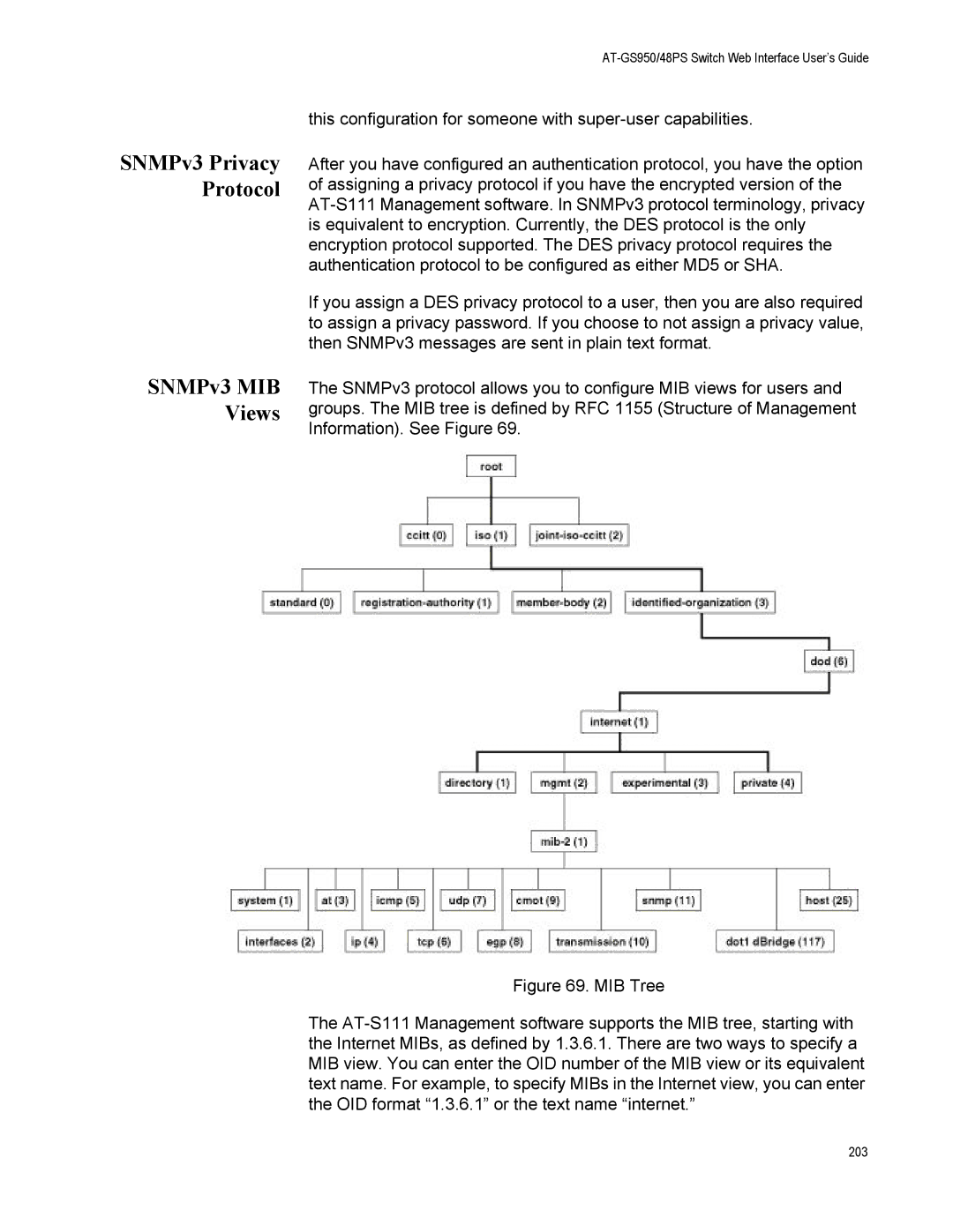 Allied Telesis AT-GS950/48PS, AT-S111 manual SNMPv3 Privacy Protocol SNMPv3 MIB Views 