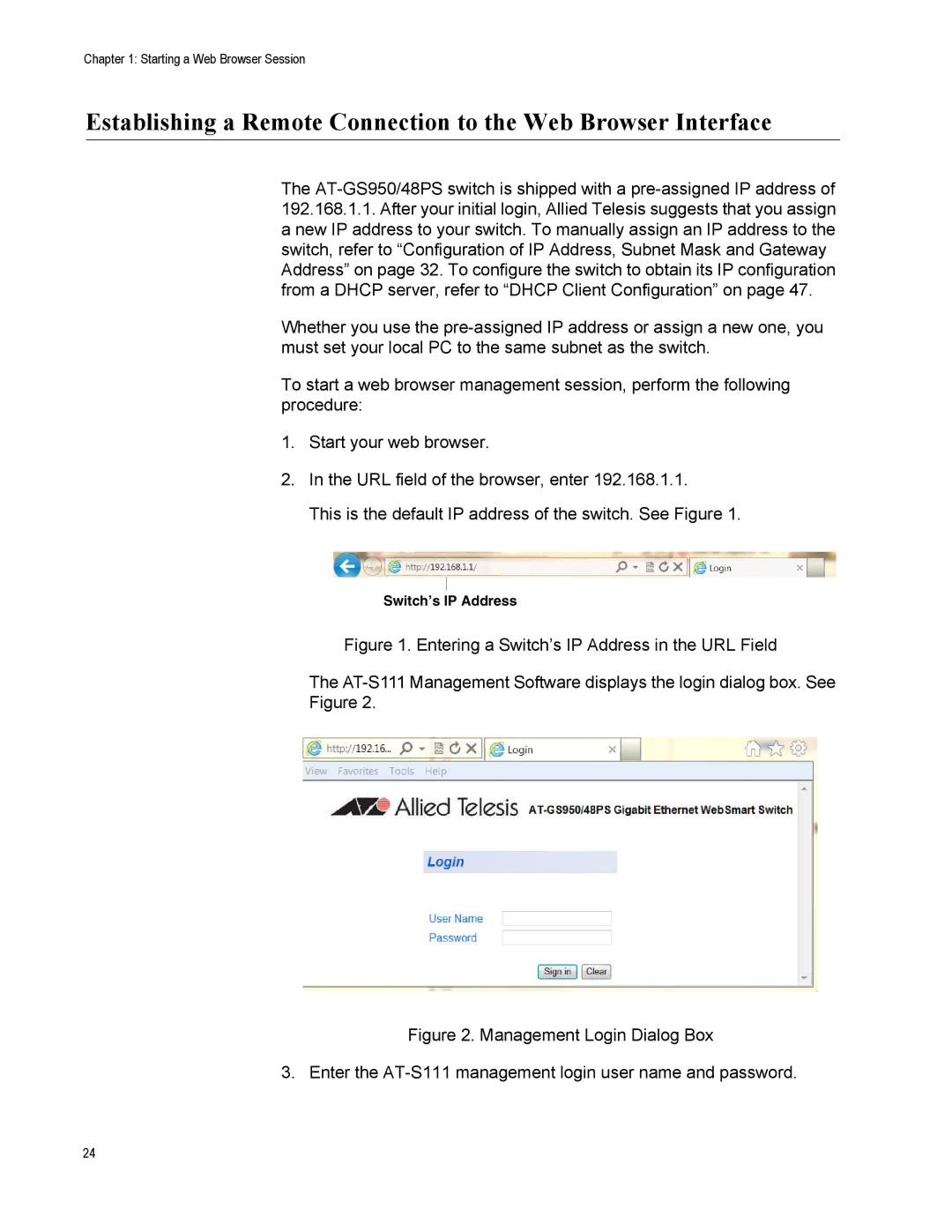 Allied Telesis AT-S111, AT-GS950/48PS manual Switch’s IP Address 