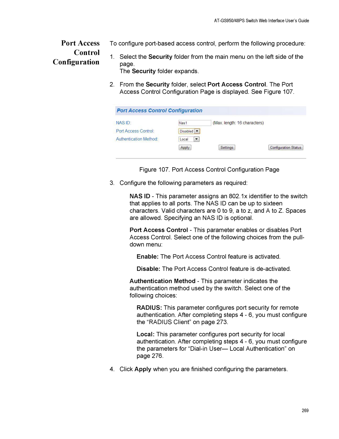 Allied Telesis AT-GS950/48PS, AT-S111 manual Port Access Control Configuration 