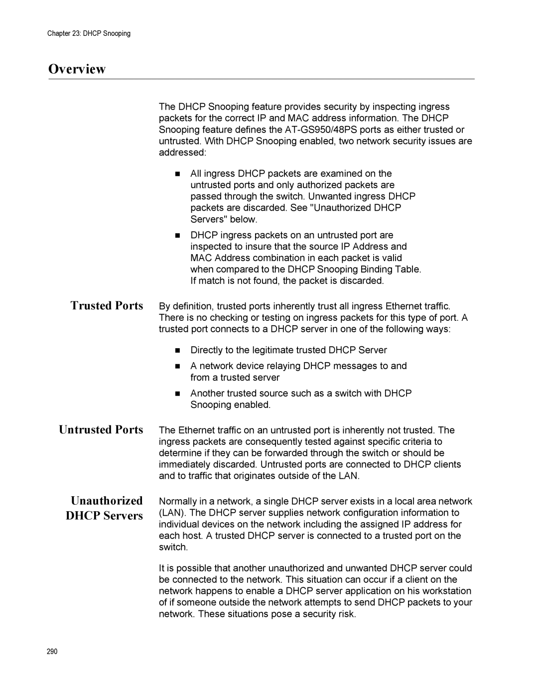 Allied Telesis AT-S111, AT-GS950/48PS manual Trusted Ports Untrusted Ports, Unauthorized Dhcp Servers 