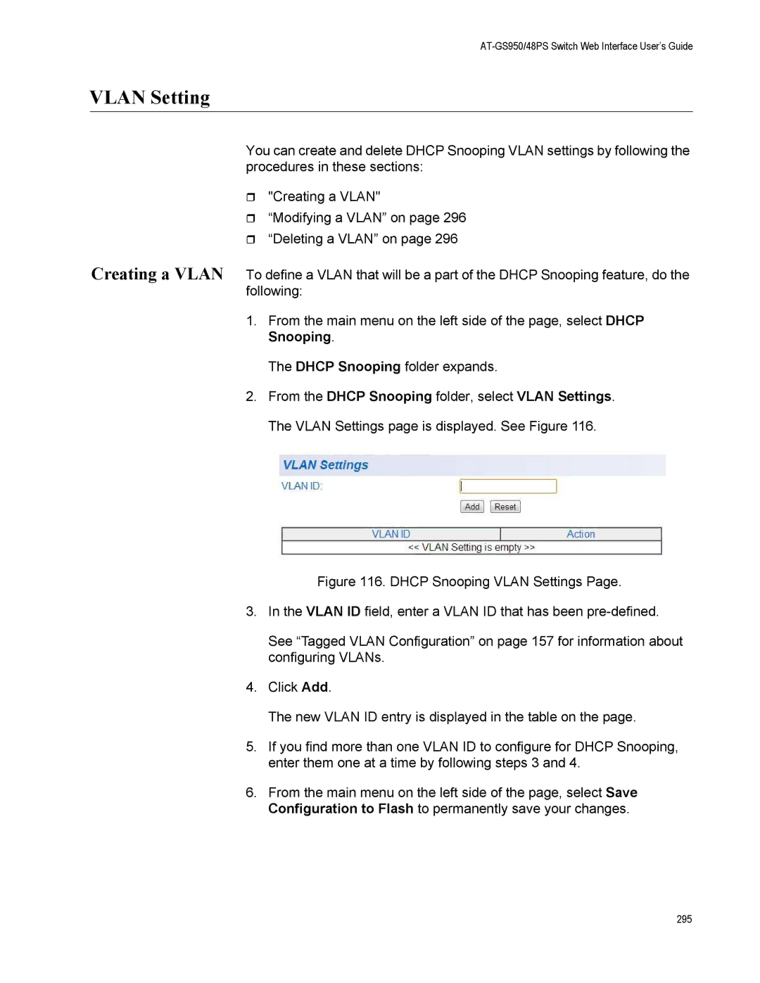 Allied Telesis AT-GS950/48PS, AT-S111 manual Vlan Setting 