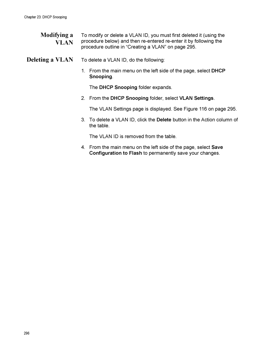 Allied Telesis AT-S111, AT-GS950/48PS Modifying a, Deleting a Vlan, From the Dhcp Snooping folder, select Vlan Settings 