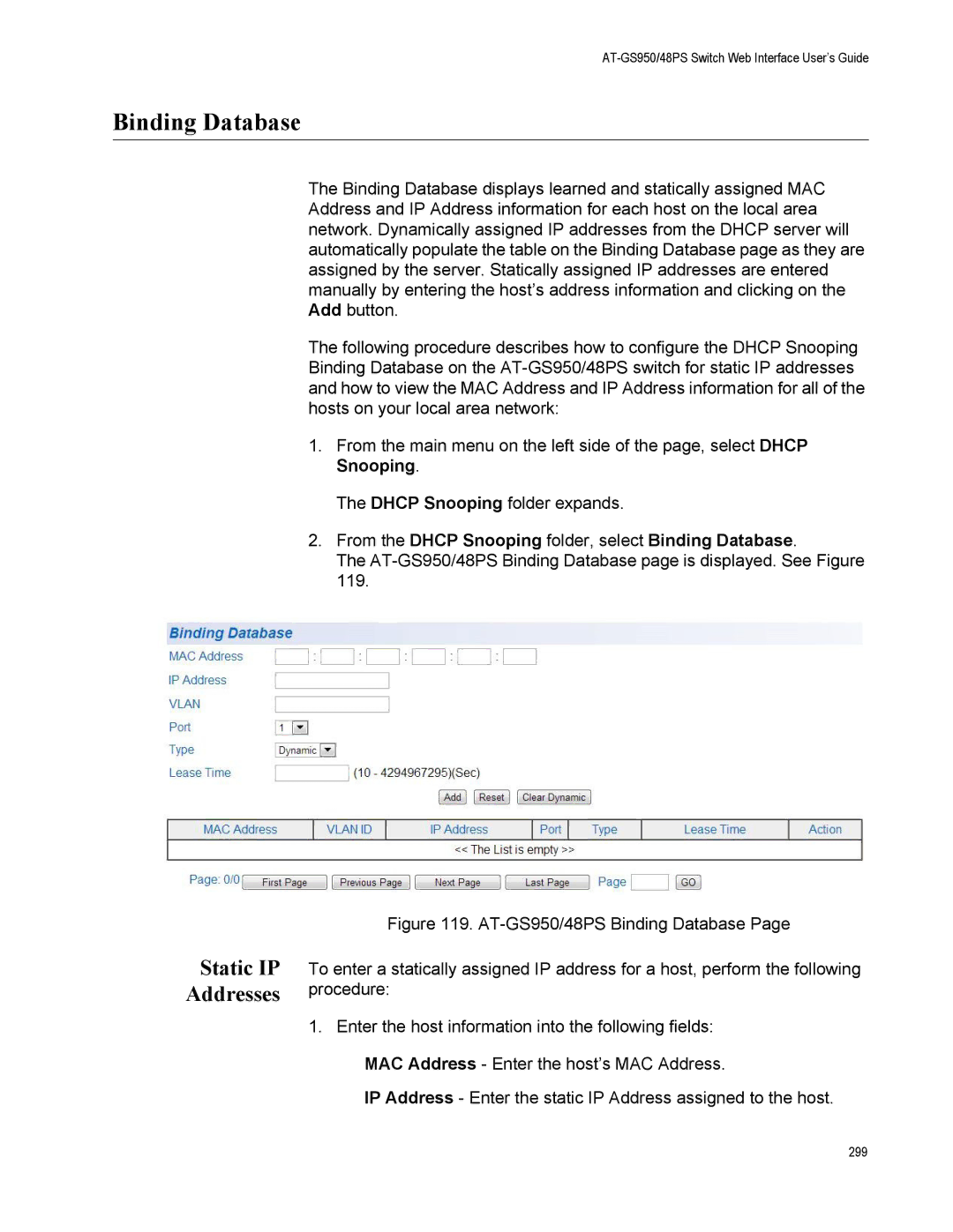 Allied Telesis AT-GS950/48PS, AT-S111 manual Static IP Addresses, From the Dhcp Snooping folder, select Binding Database 