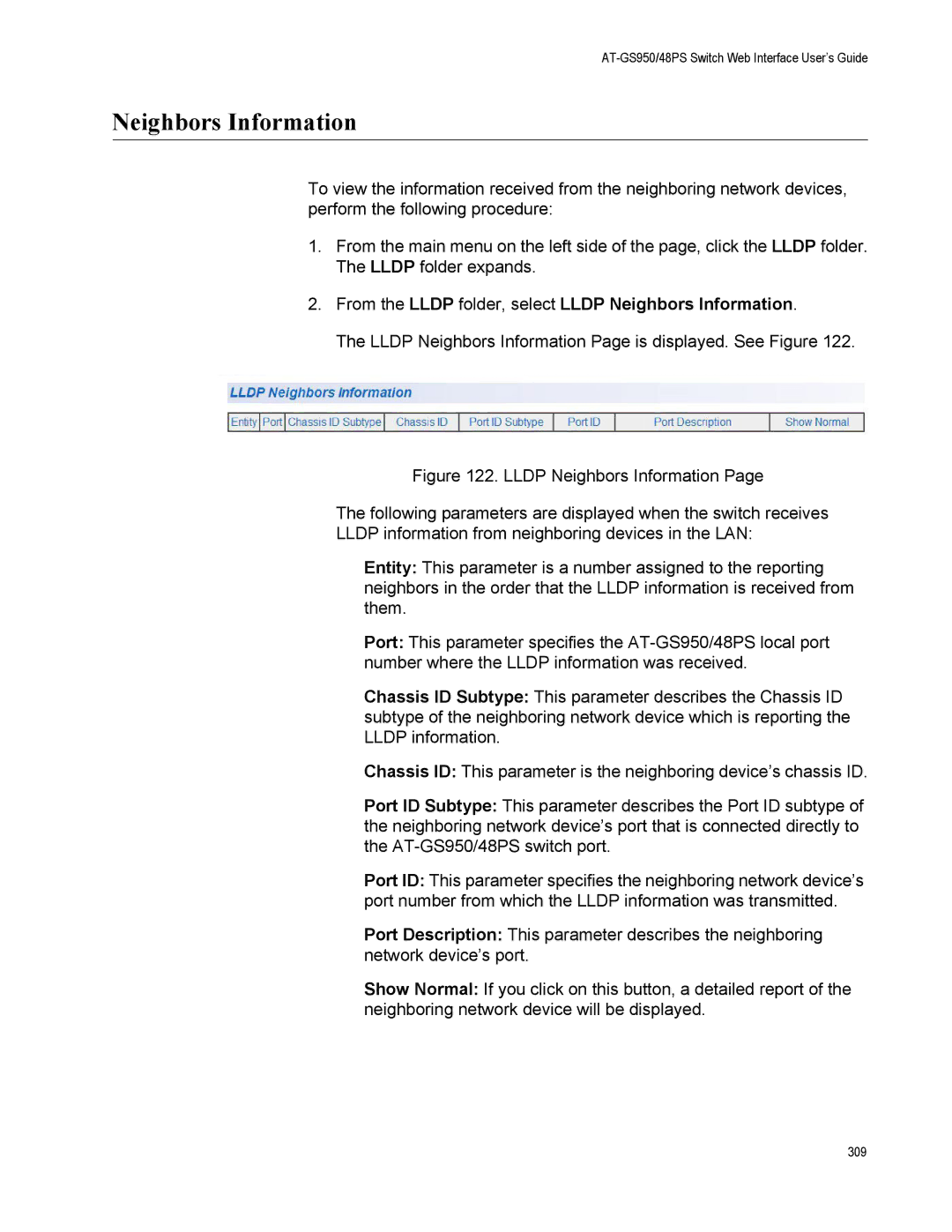 Allied Telesis AT-GS950/48PS, AT-S111 manual From the Lldp folder, select Lldp Neighbors Information 