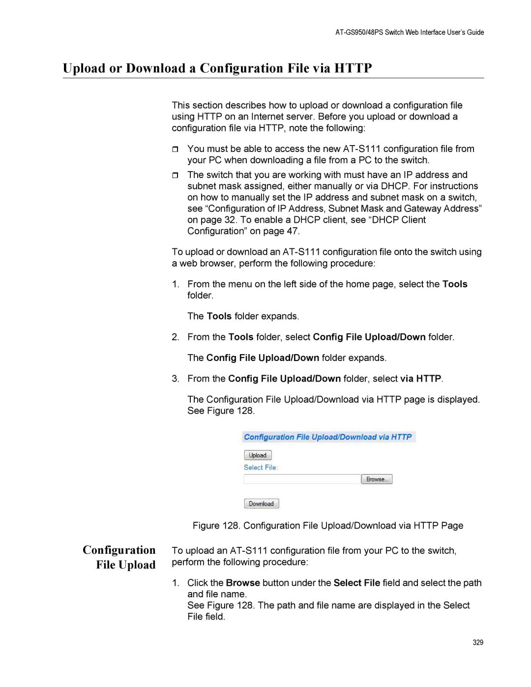 Allied Telesis AT-GS950/48PS, AT-S111 manual Upload or Download a Configuration File via Http, Configuration File Upload 