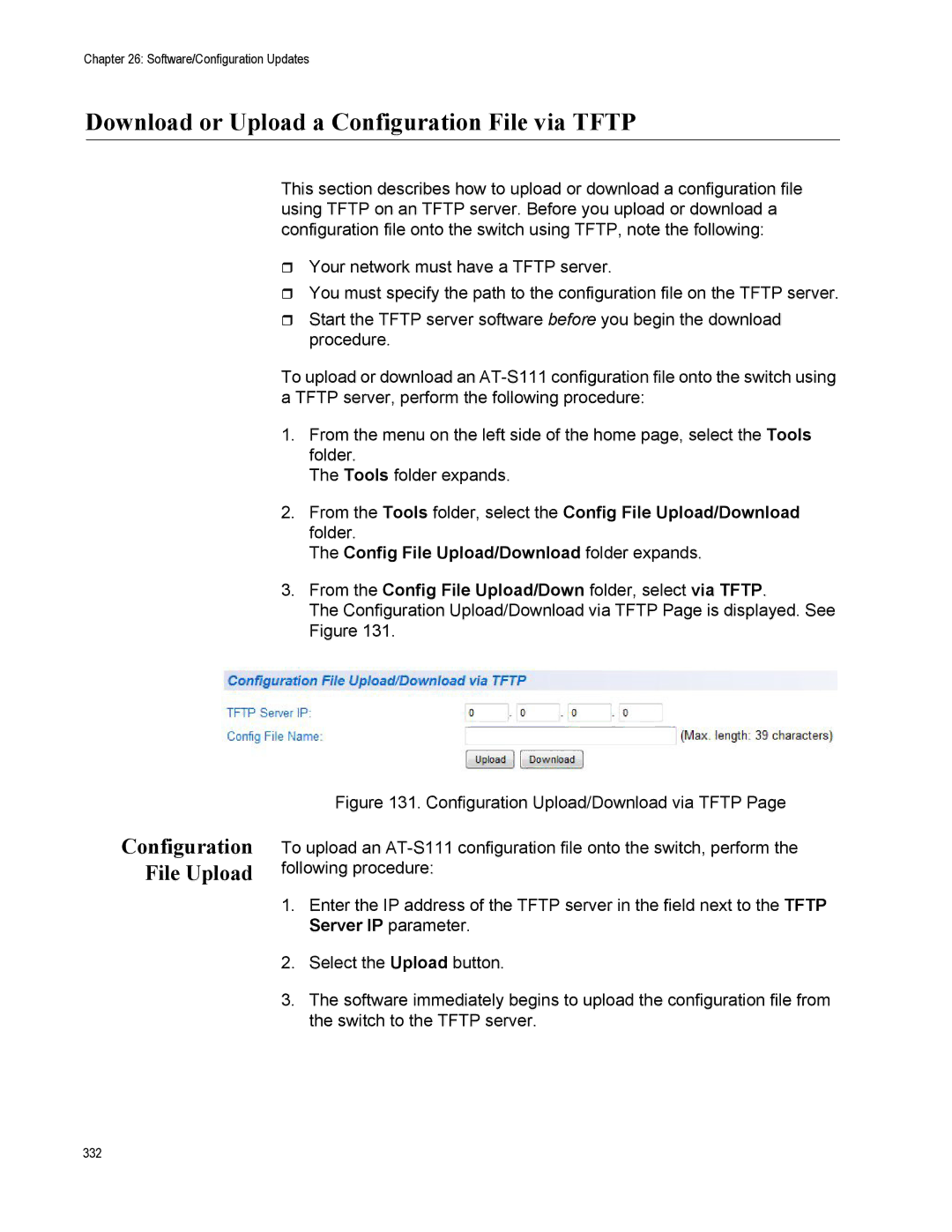 Allied Telesis AT-S111, AT-GS950/48PS manual Download or Upload a Configuration File via Tftp, Configuration File Upload 