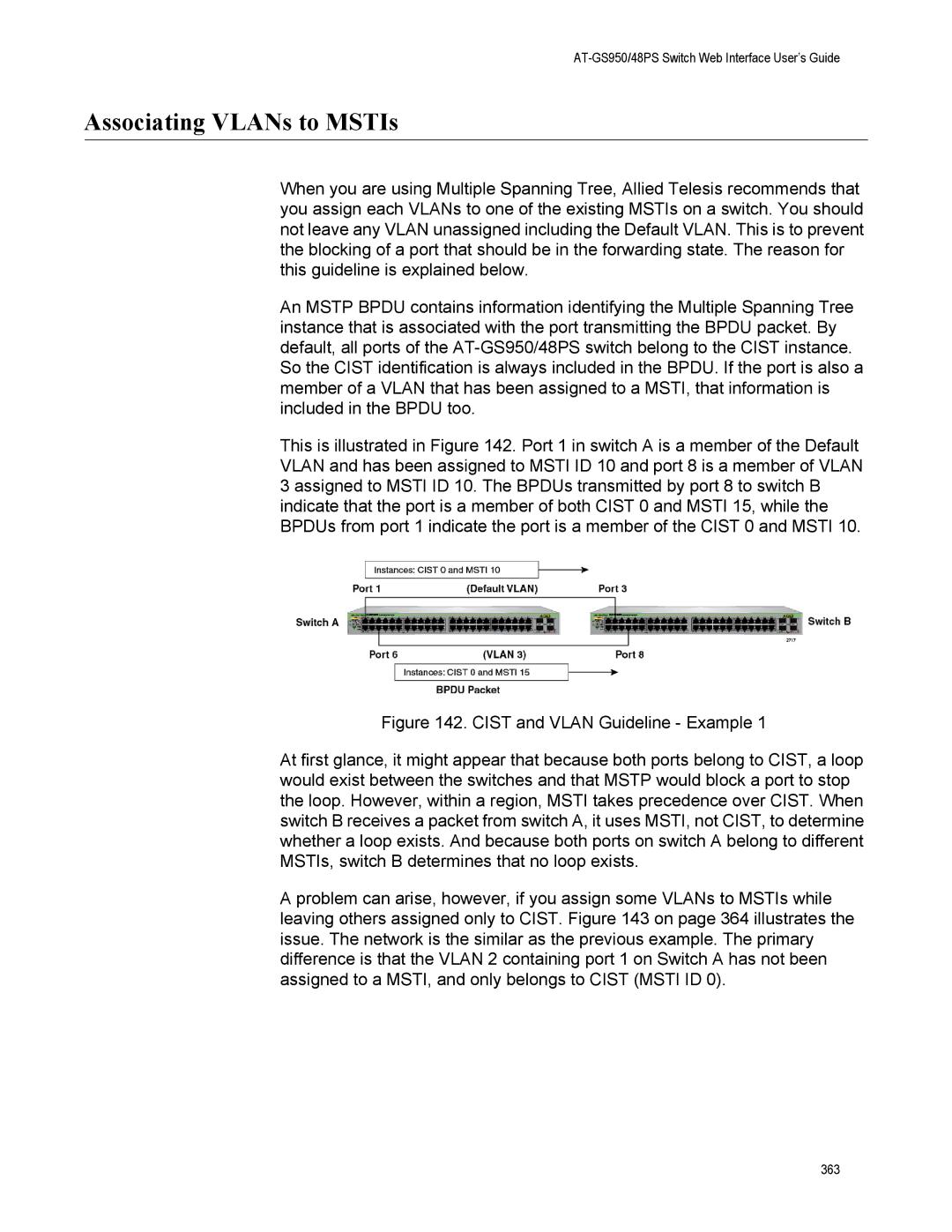 Allied Telesis AT-GS950/48PS, AT-S111 manual Associating VLANs to MSTIs 