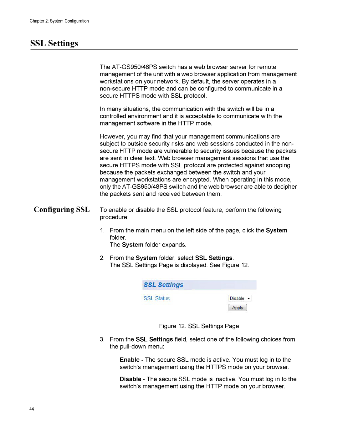 Allied Telesis AT-S111, AT-GS950/48PS manual SSL Settings 