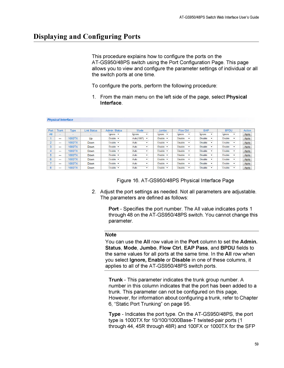 Allied Telesis AT-GS950/48PS, AT-S111 manual Displaying and Configuring Ports 