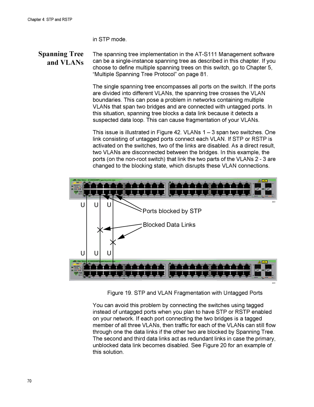 Allied Telesis AT-S111, AT-GS950/48PS manual Spanning Tree and VLANs, Ports blocked by STP Blocked Data Links 