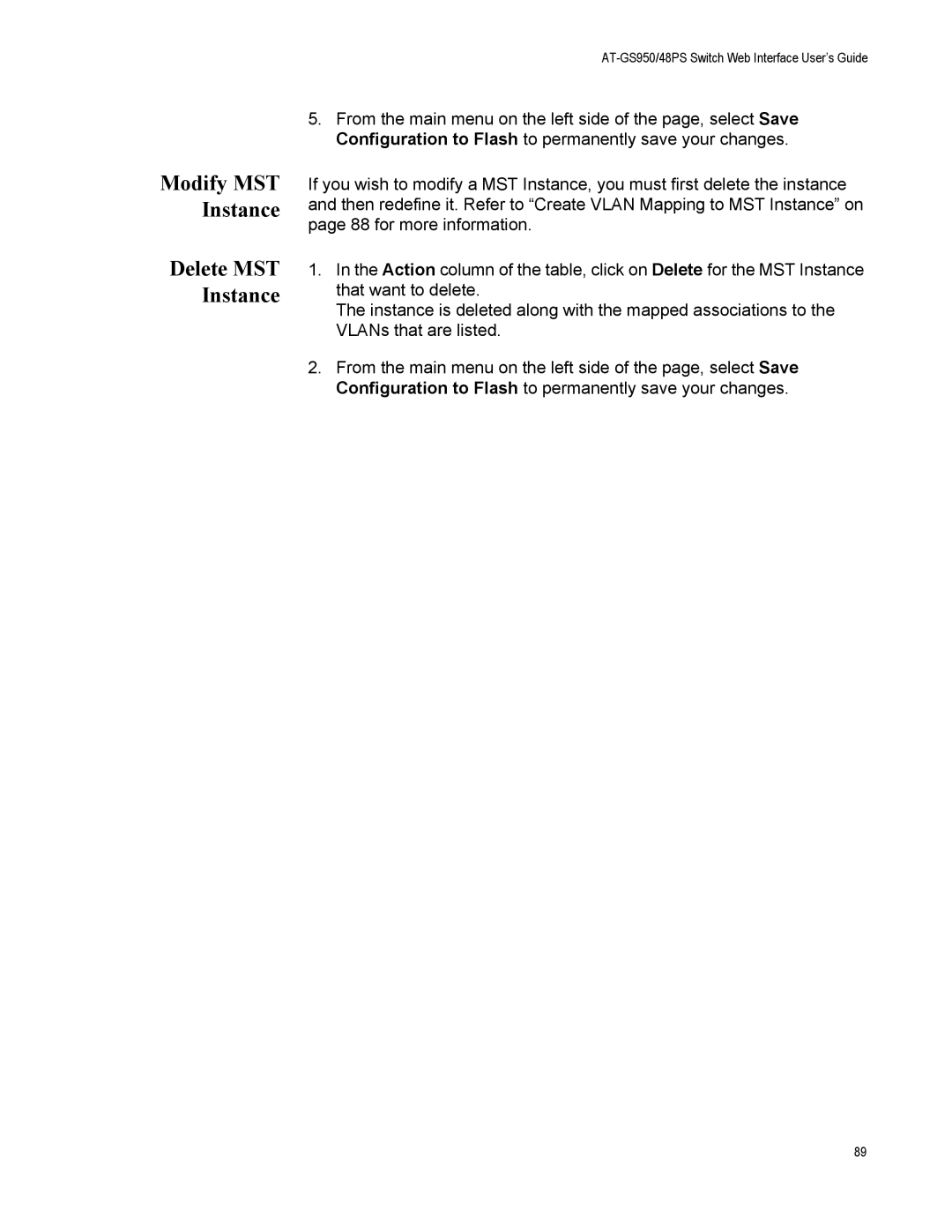 Allied Telesis AT-GS950/48PS, AT-S111 manual Modify MST Instance Delete MST Instance 