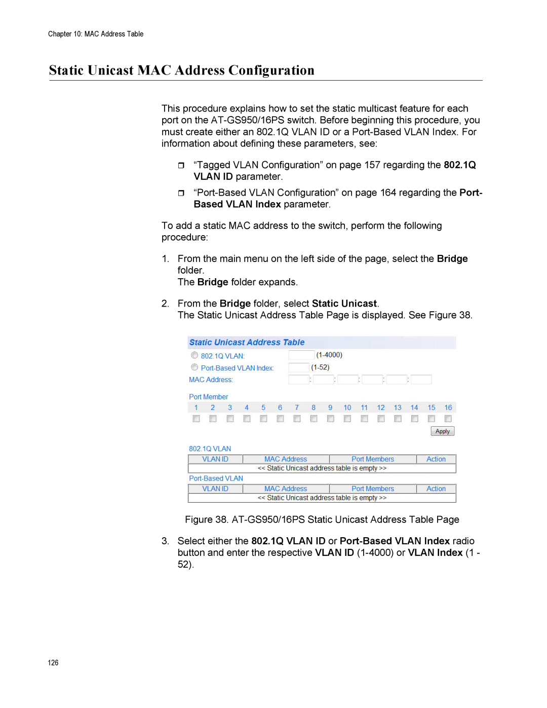 Allied Telesis AT-S112, AT-GS950/16PS manual Static Unicast MAC Address Configuration 