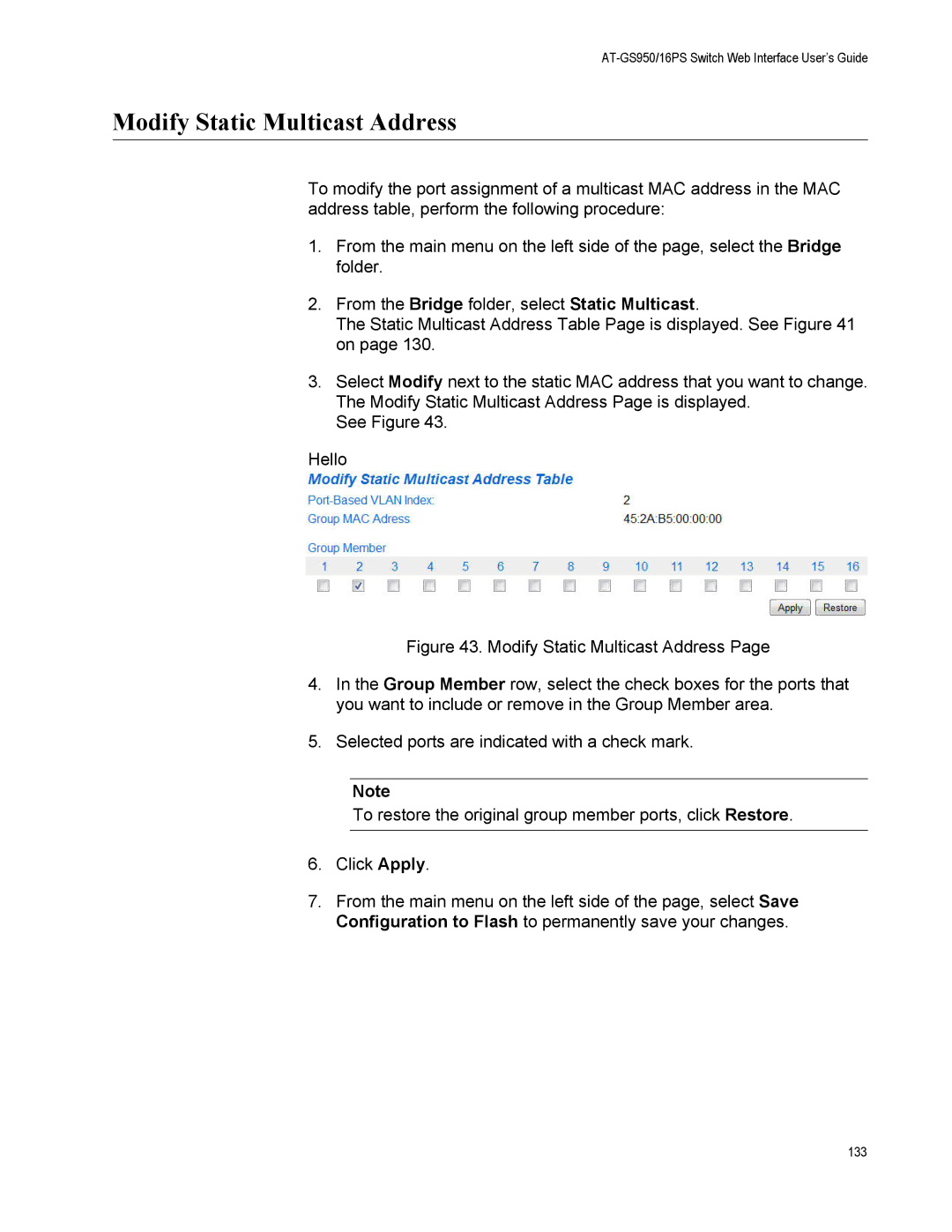 Allied Telesis AT-GS950/16PS, AT-S112 manual Modify Static Multicast Address 