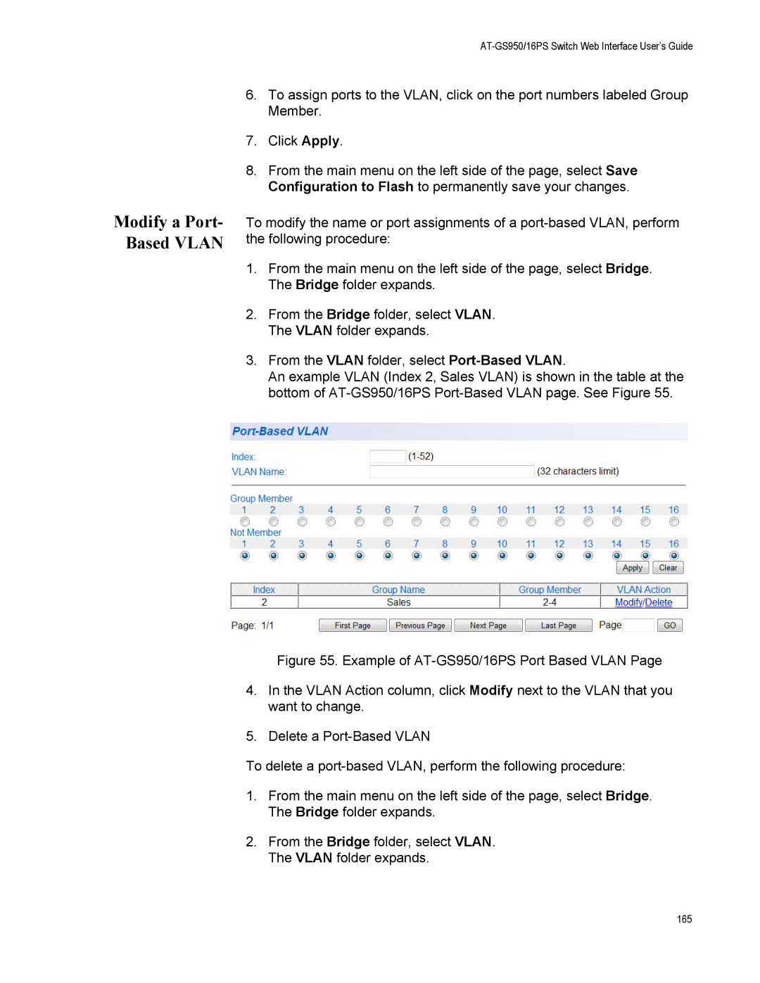 Allied Telesis AT-GS950/16PS, AT-S112 manual Modify a Port- Based Vlan 