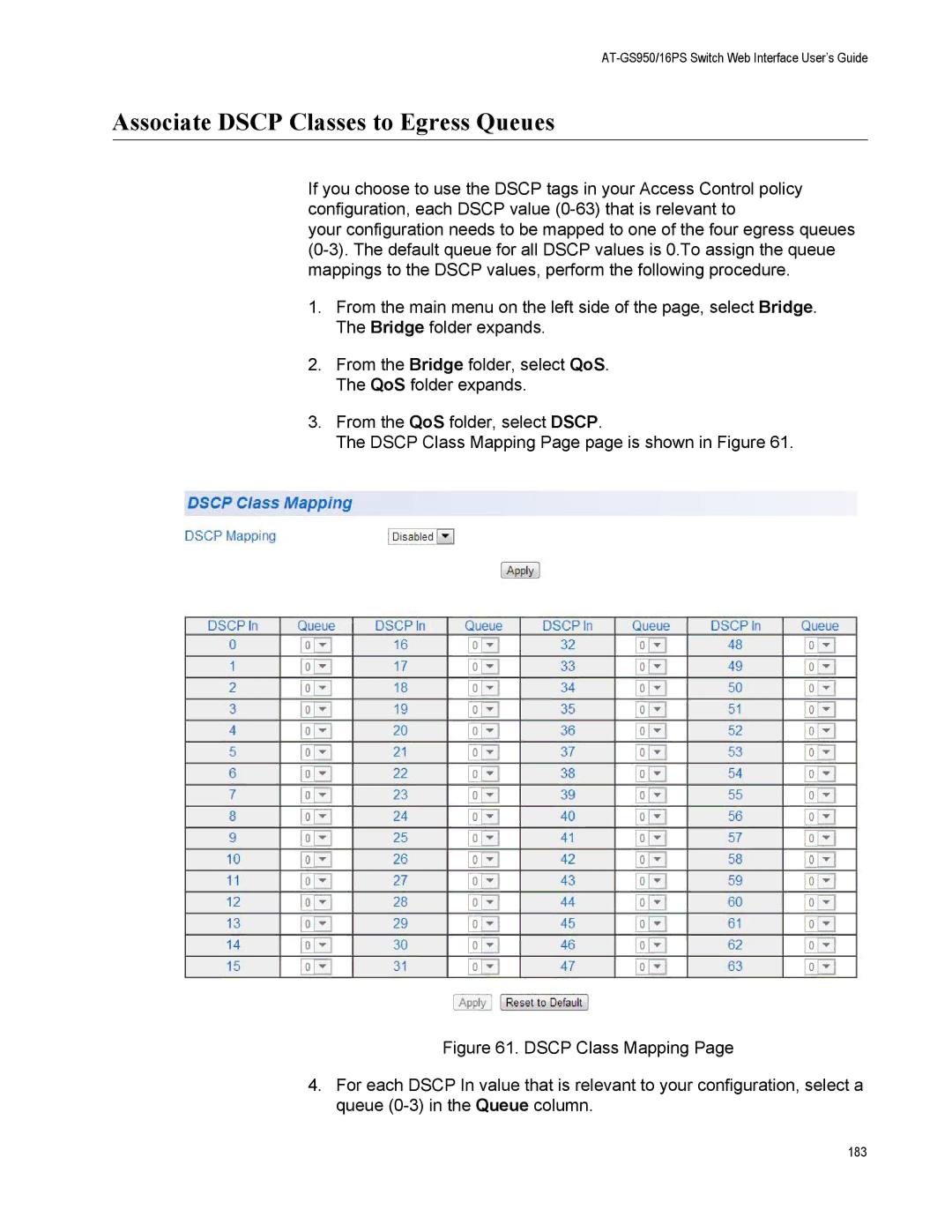 Allied Telesis AT-GS950/16PS, AT-S112 manual Associate Dscp Classes to Egress Queues 