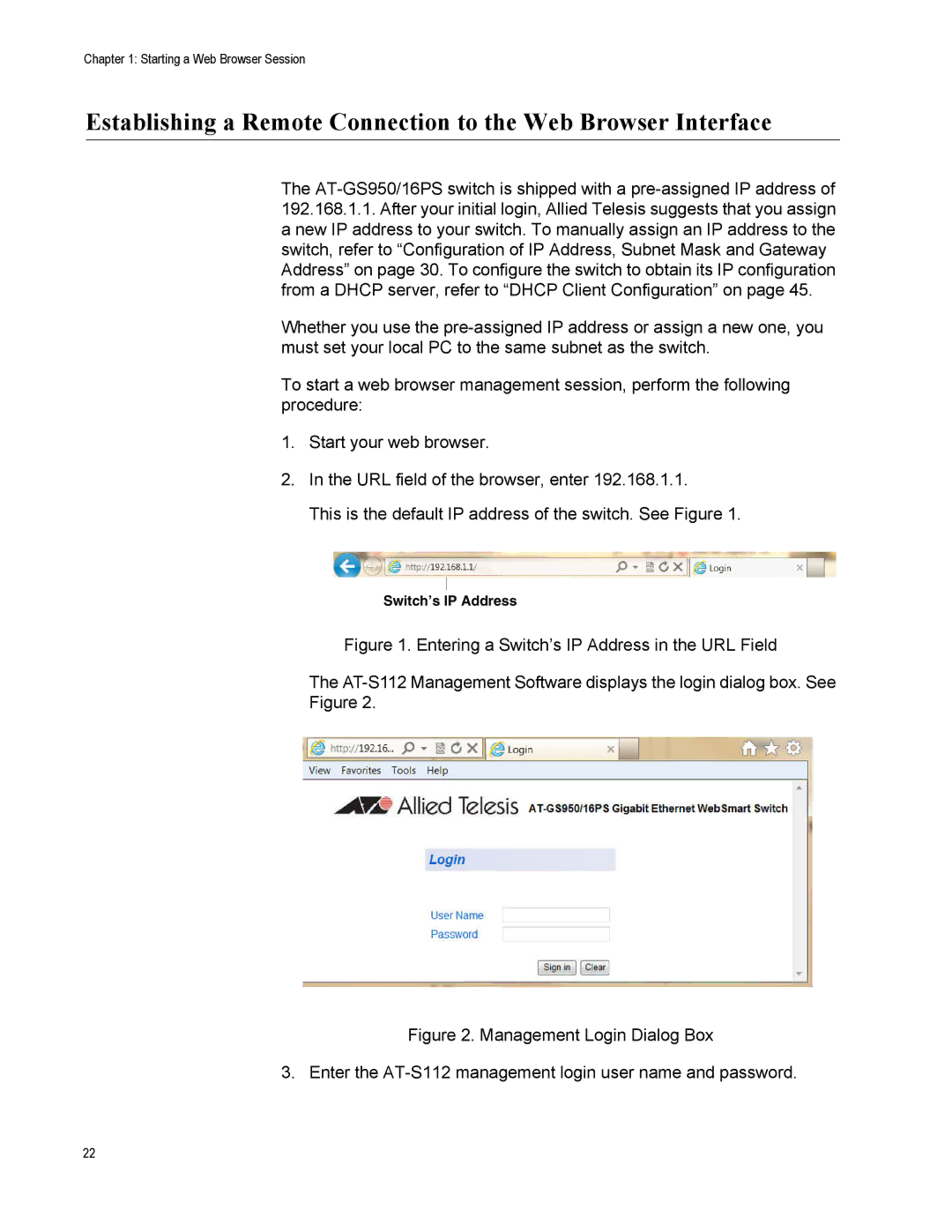 Allied Telesis AT-S112, AT-GS950/16PS manual Switch’s IP Address 