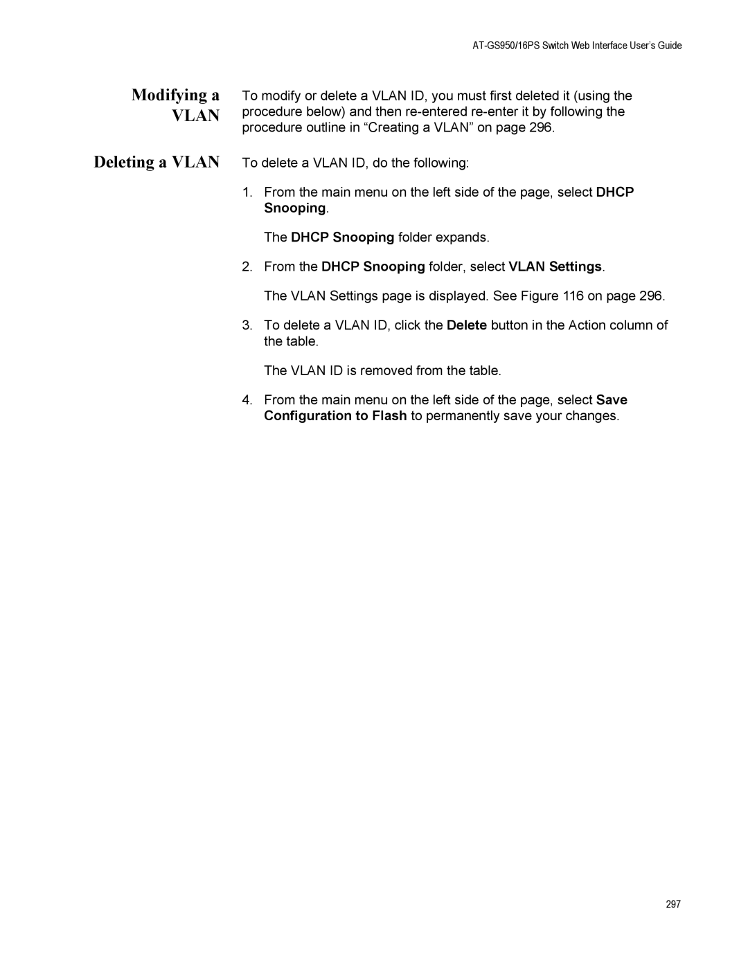 Allied Telesis AT-GS950/16PS, AT-S112 Modifying a, Deleting a Vlan, From the Dhcp Snooping folder, select Vlan Settings 