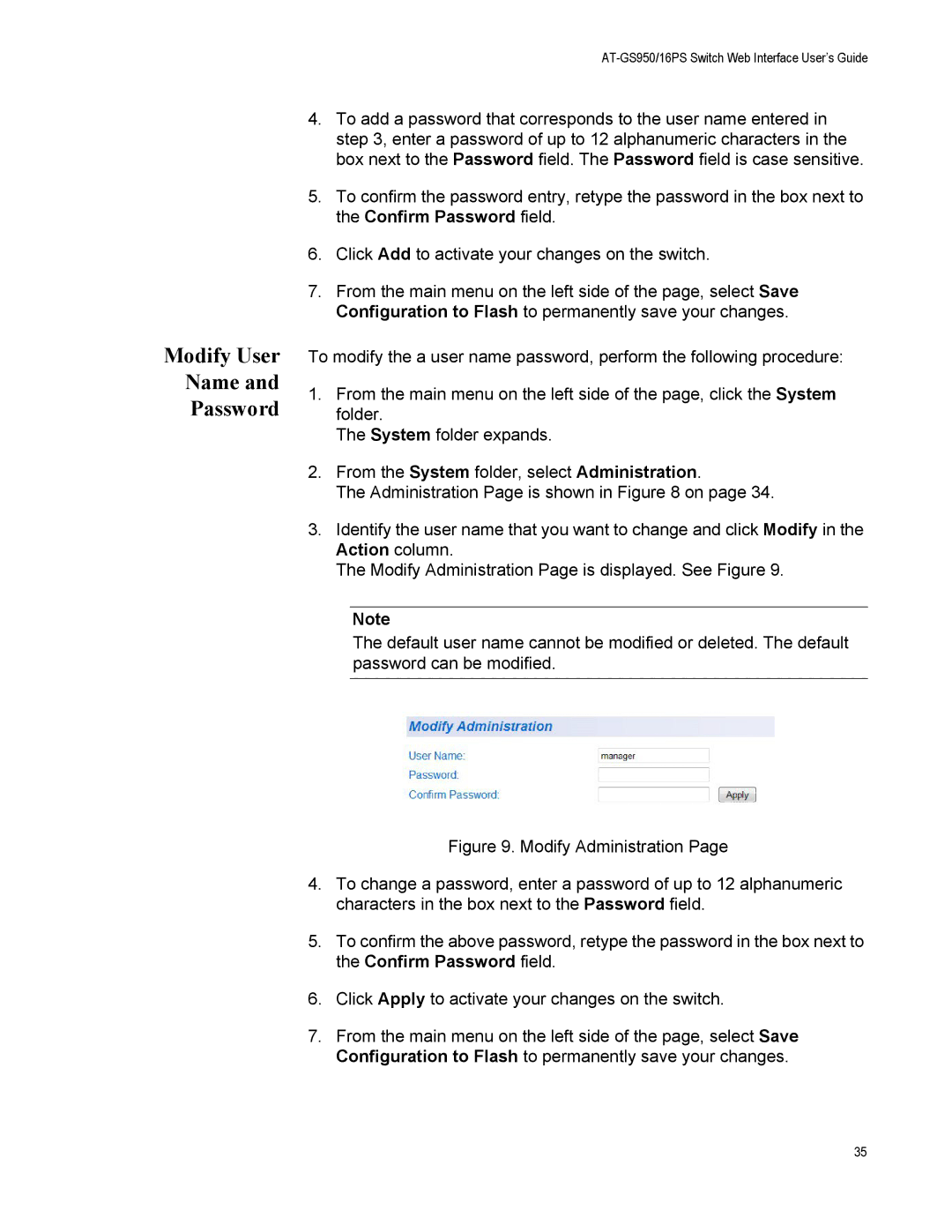 Allied Telesis AT-GS950/16PS, AT-S112 manual Modify User Name Password 