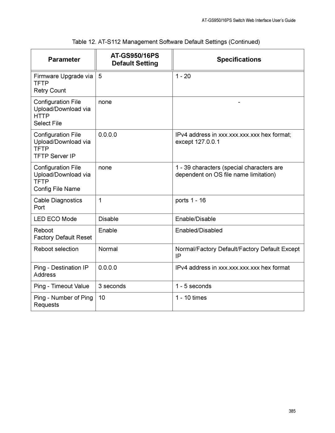 Allied Telesis AT-GS950/16PS, AT-S112 manual Retry Count Configuration File None Upload/Download via 