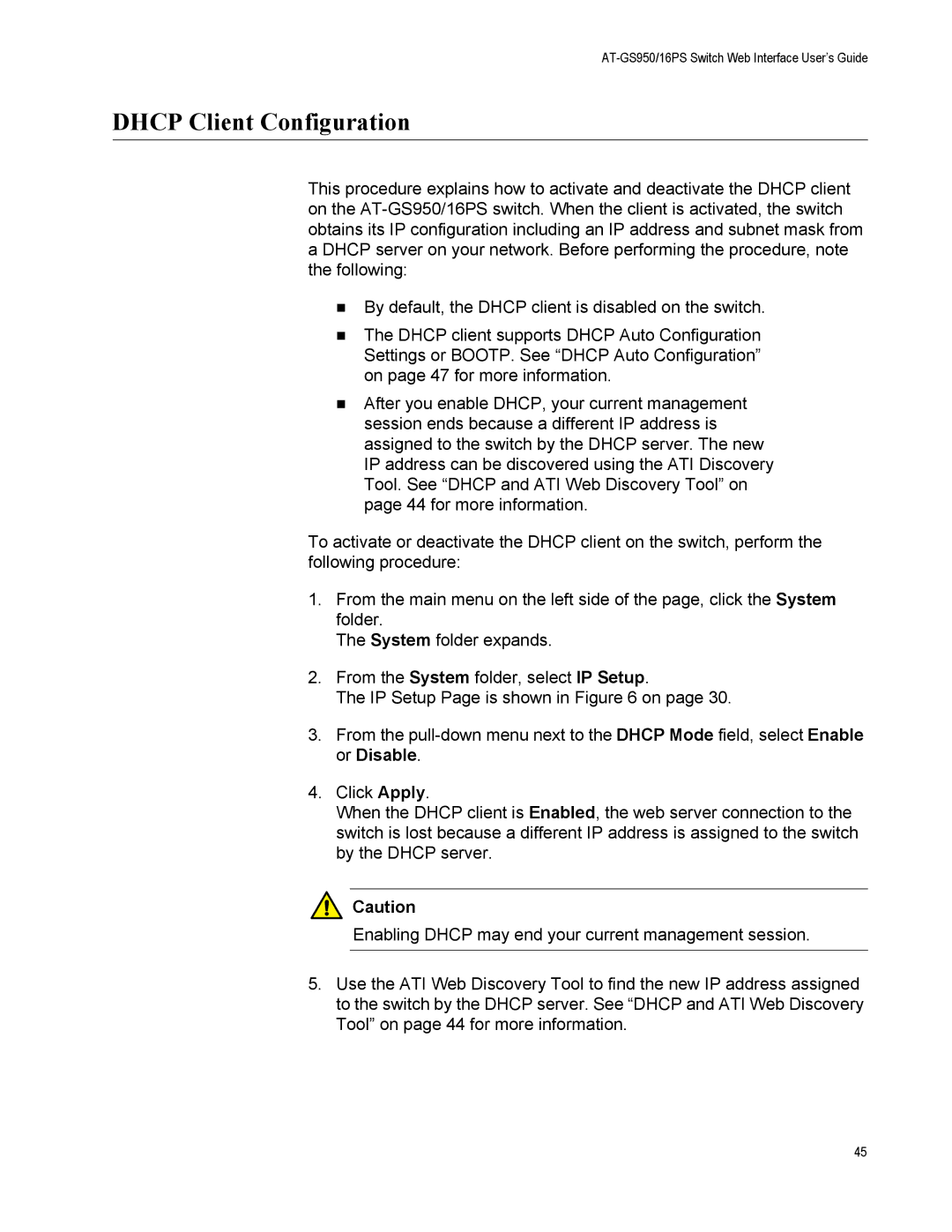 Allied Telesis AT-GS950/16PS, AT-S112 manual Dhcp Client Configuration 