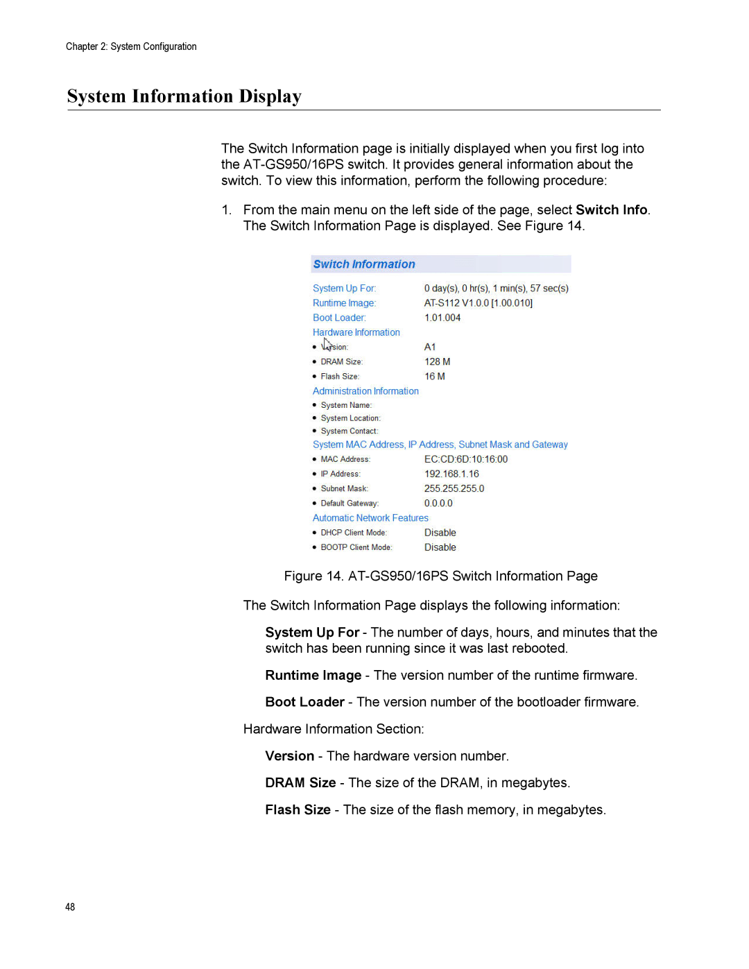 Allied Telesis AT-S112, AT-GS950/16PS manual System Information Display 