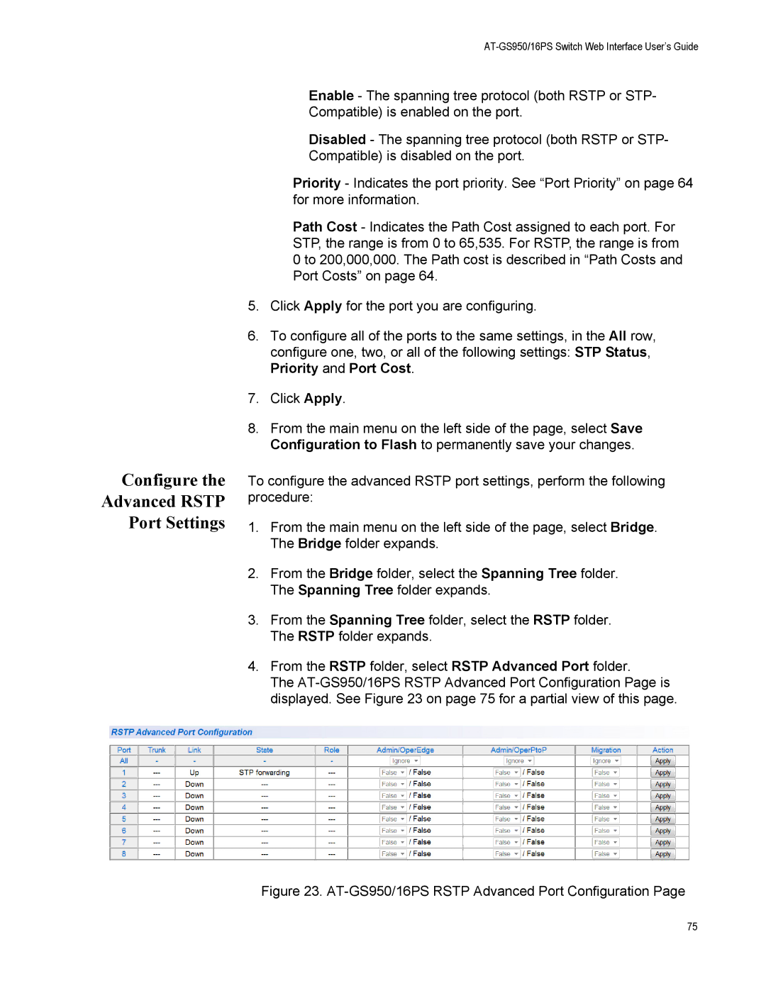 Allied Telesis AT-S112 manual Configure Advanced Rstp Port Settings, AT-GS950/16PS Rstp Advanced Port Configuration 